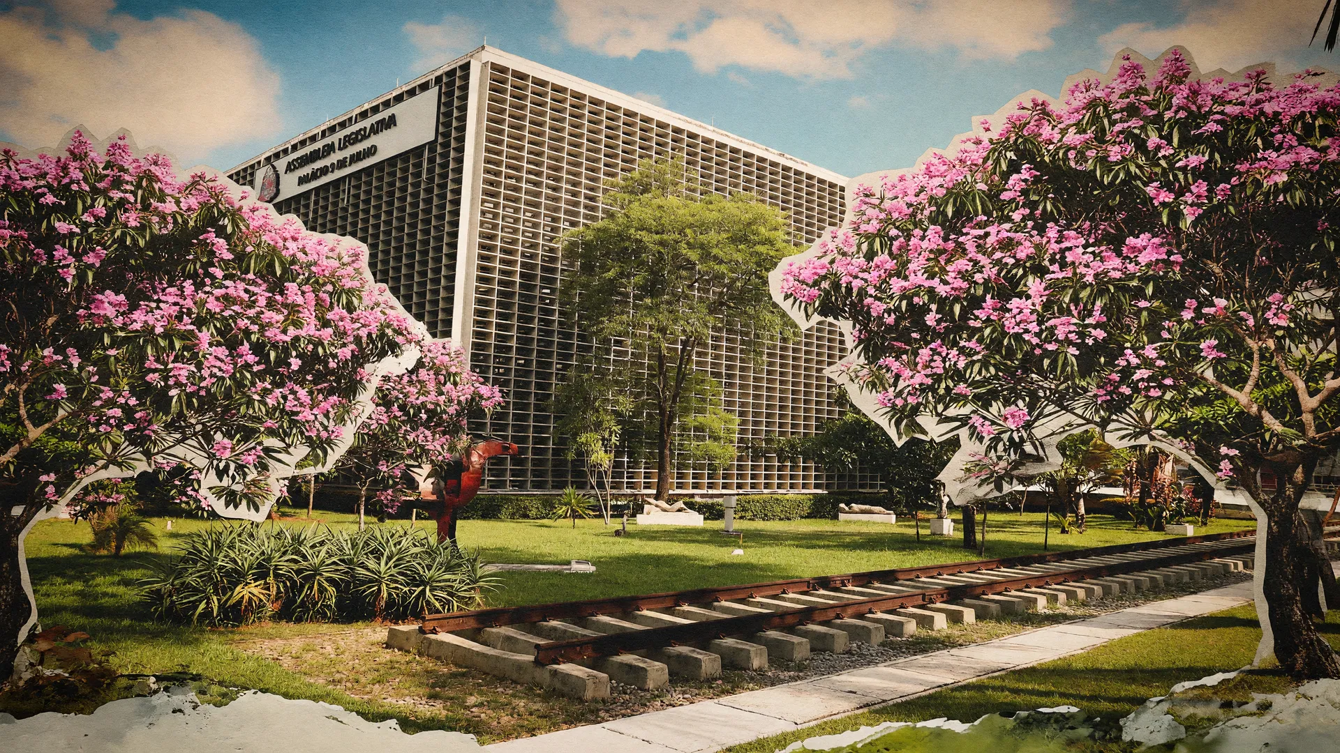 Fachada da Alesp com jardins floridos, sede do evento sobre governança ambiental em São Paulo