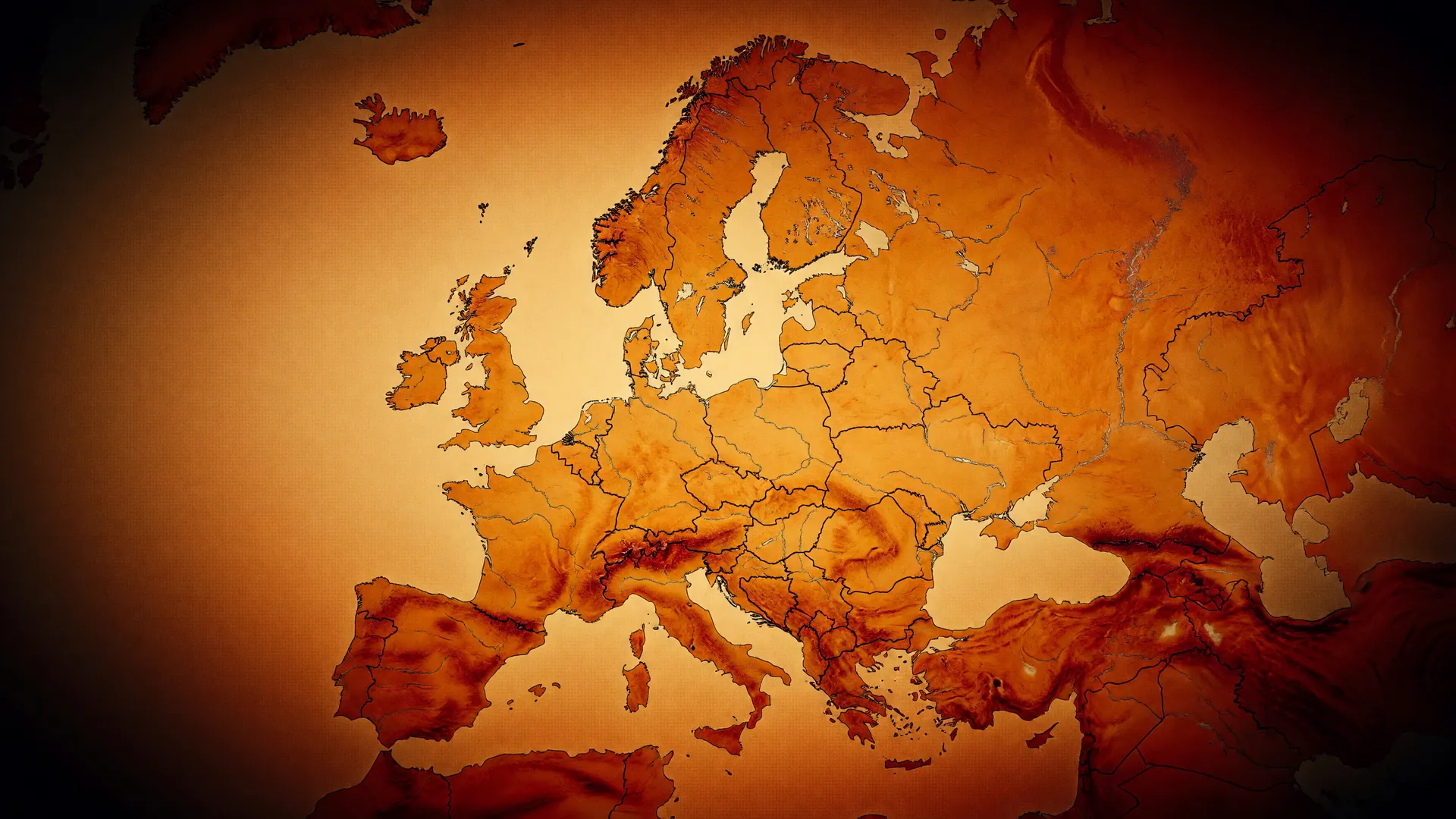 Mapa da Europa com tons alaranjados e vermelhos representando horas de calor extremo que devem aumentar até 2100