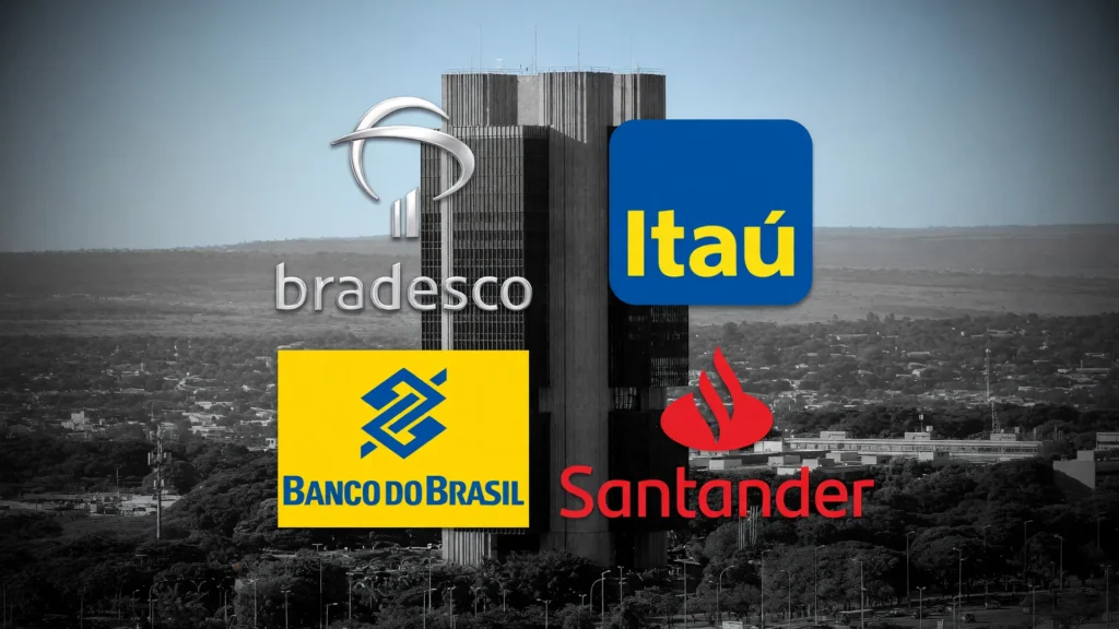 Logos de bancos brasileiros e sede do Banco Central ilustram instabilidade do PIX neste domingo