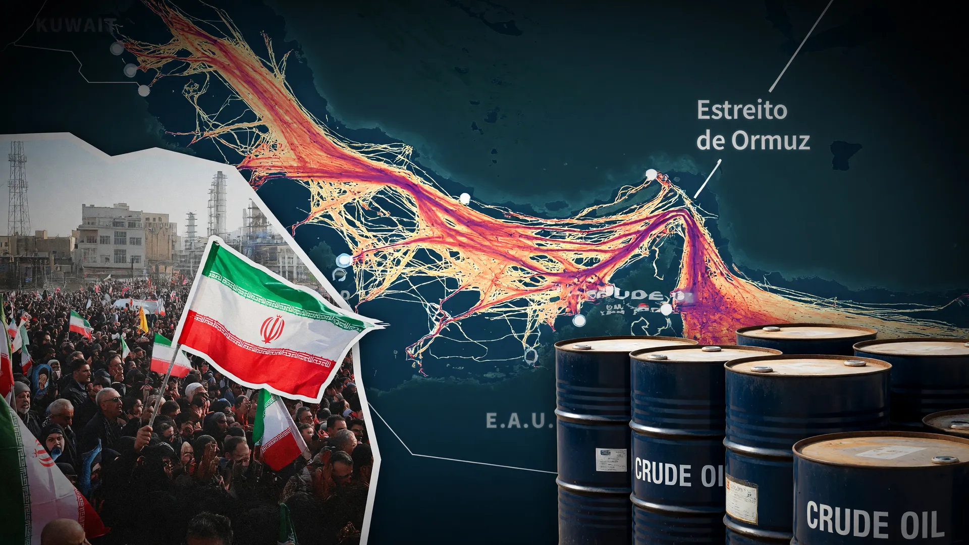 Irã fecha Estreito de Ormuz: mapa do tráfego marítimo, bandeiras iranianas e barris de petróleo destacam a crise geopolítica