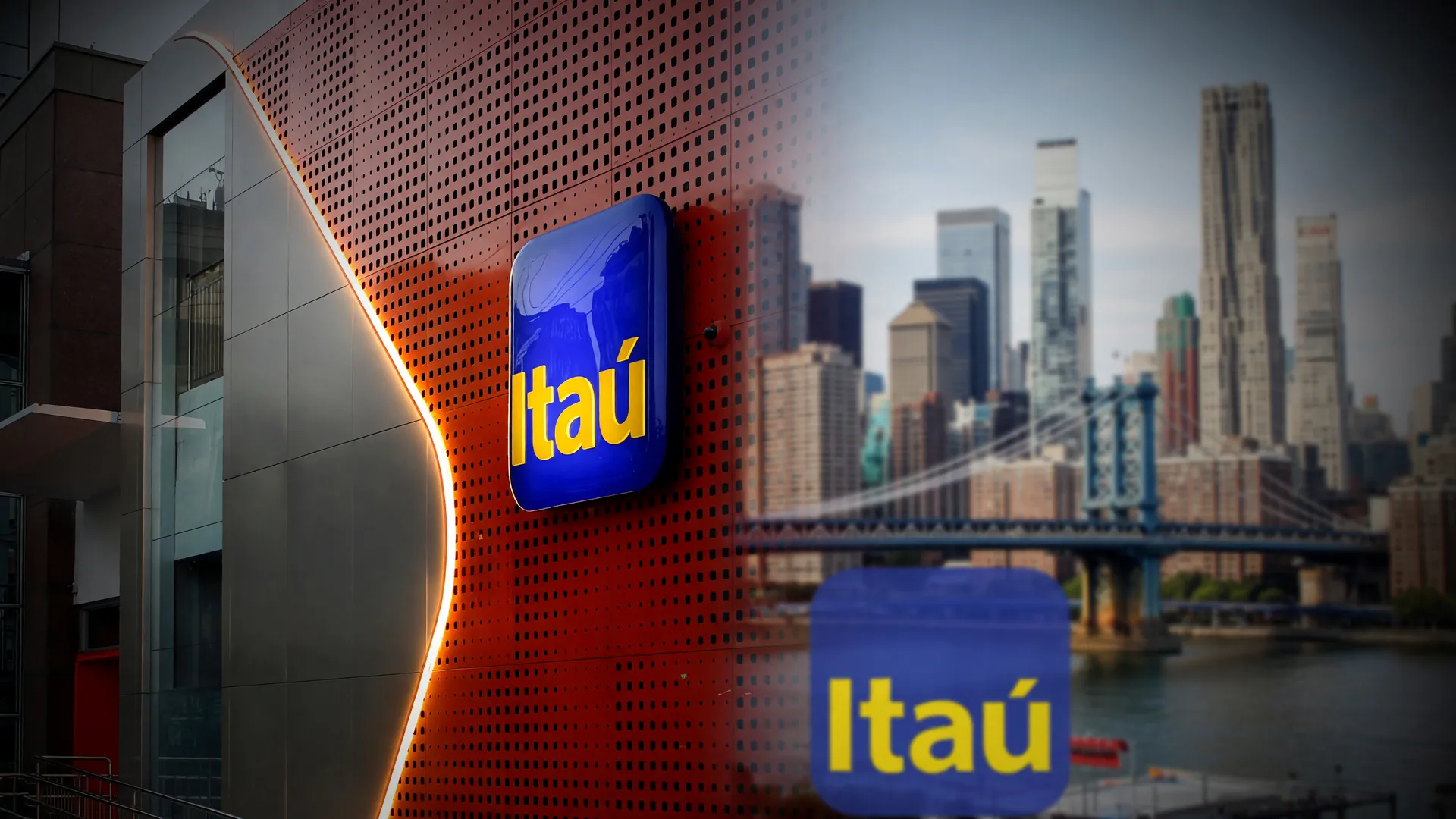 Fachada do Itaú Unibanco com logotipo iluminado, representando o Itaú banco nos Estados Unidos
