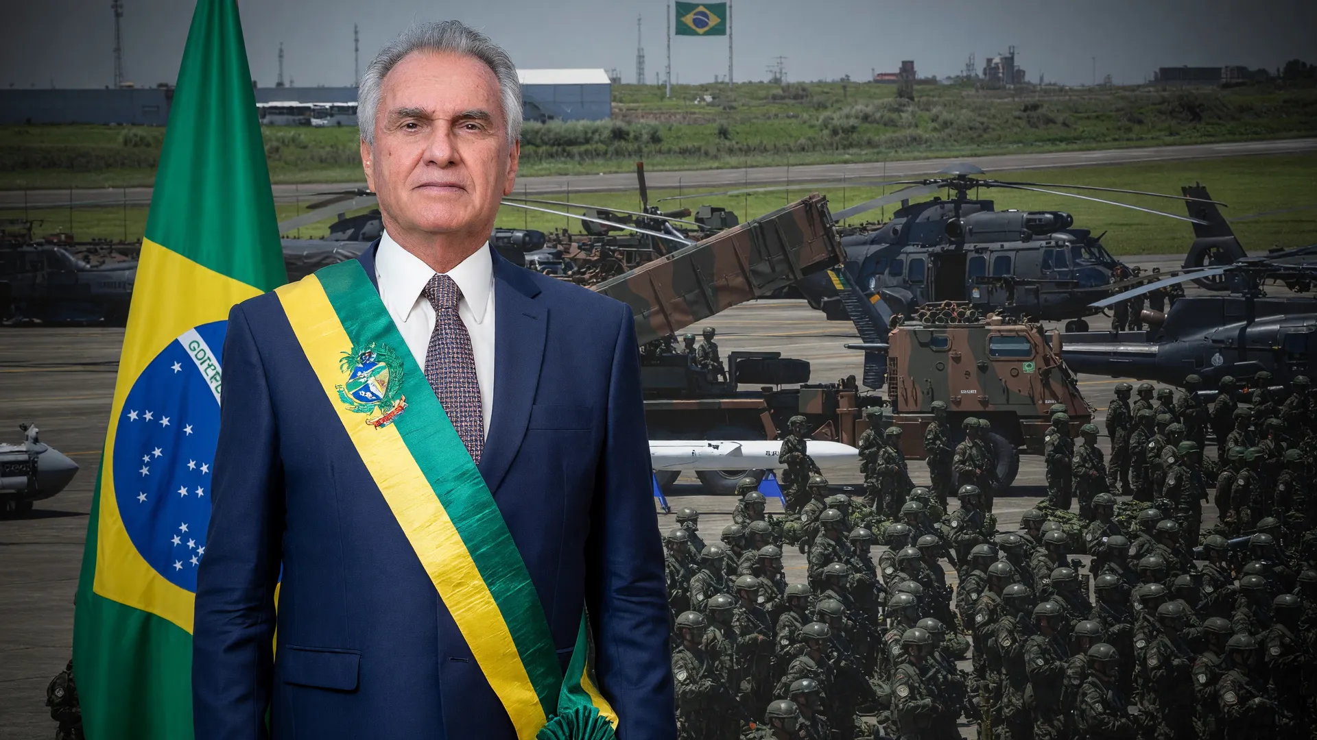 Ronaldo Caiado com Forças Armadas ao fundo, evocando a lei do terrorismo doméstico Caiado para combate ao crime