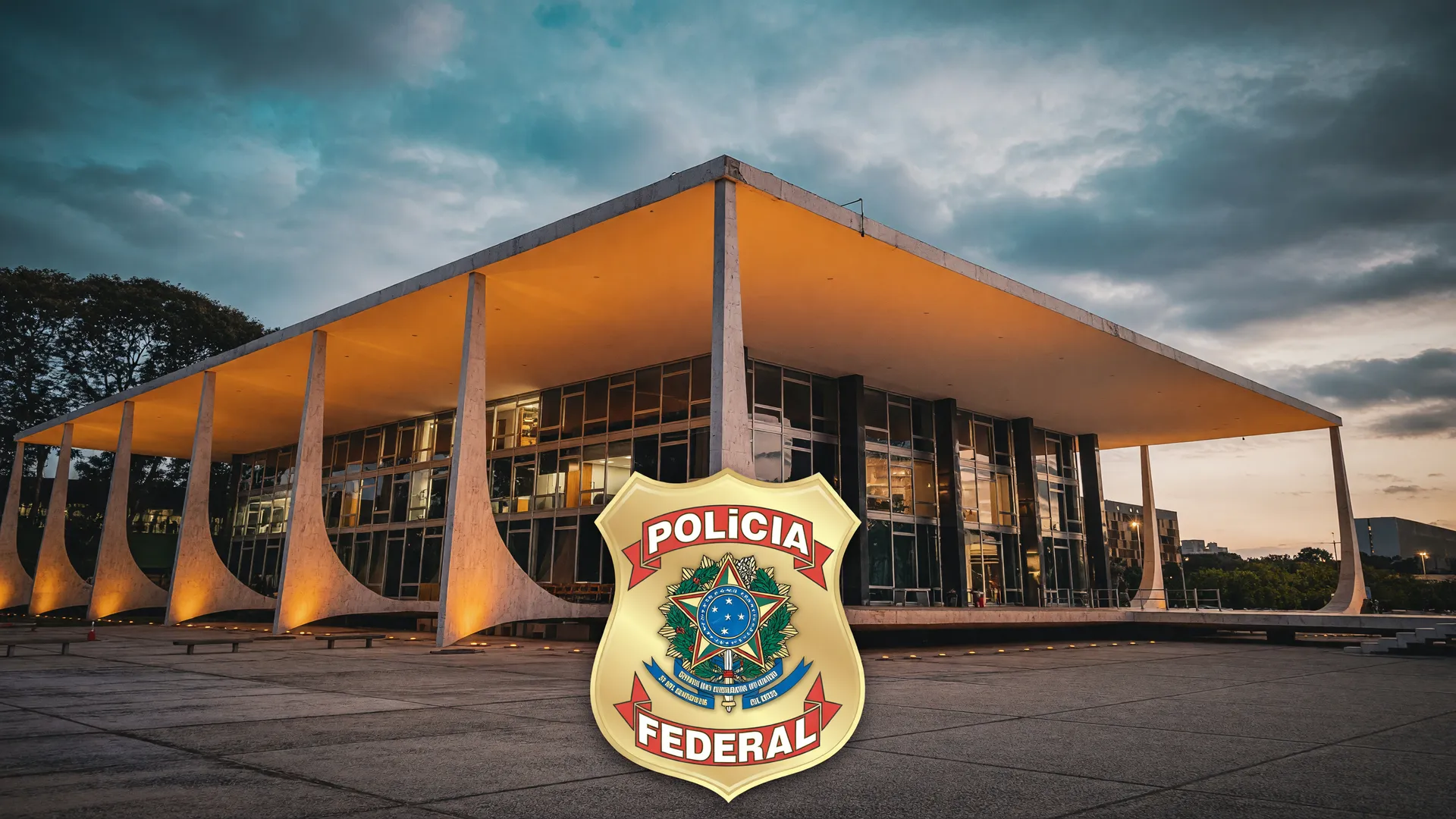 Fachada do STF ao entardecer e brasão da Polícia Federal no caso Lindbergh forjar denúncia estupro Gaspar