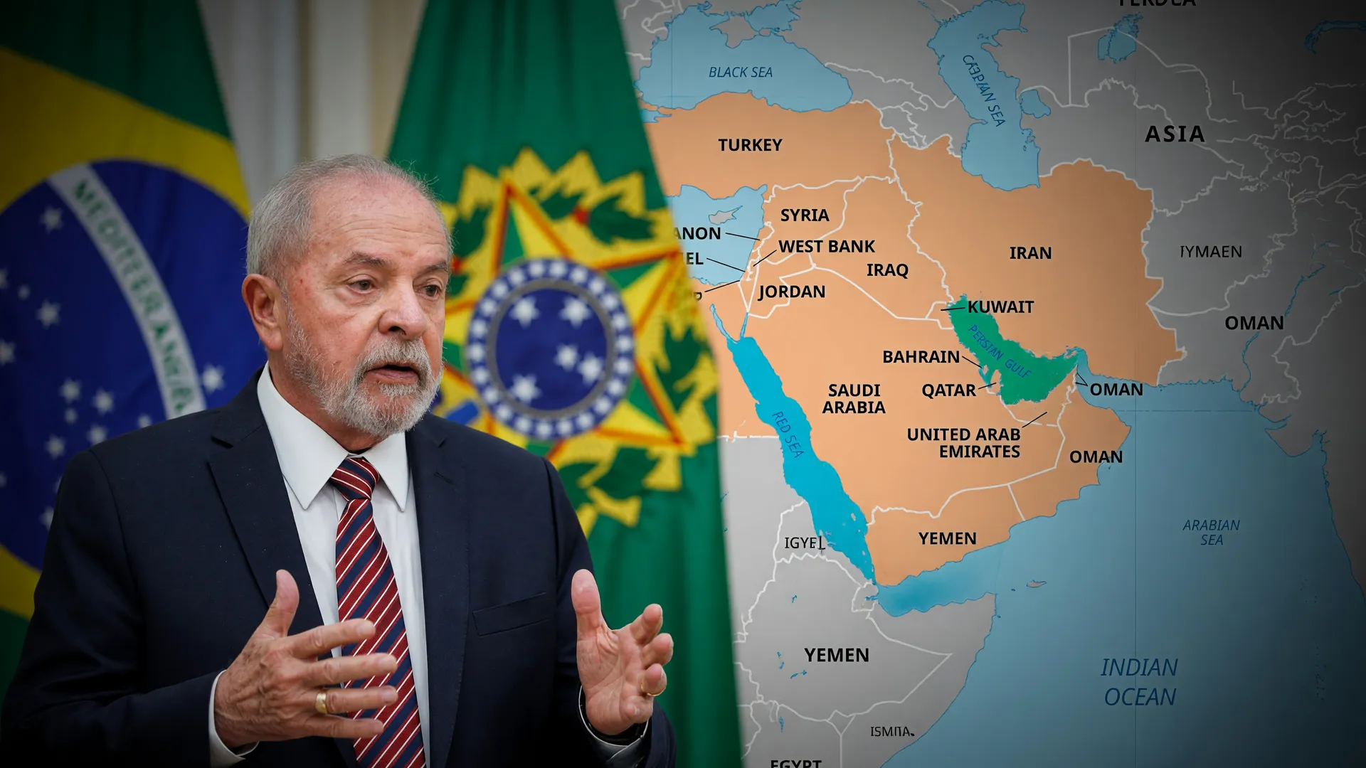 Lula com mapa do Oriente Médio ao fundo, representando as linhas de crédito Brasil Soberano para exportadores