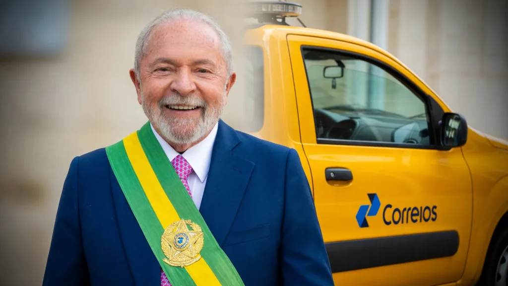 Lula descarta privatizar Correios em retrato com faixa presidencial ao lado de veículo amarelo da estatal