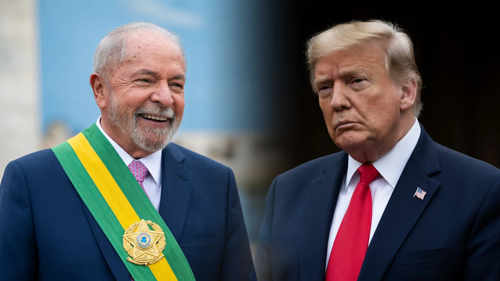 Montagem editorial com retratos de Lula e Trump frente a frente, simbolizando o contato Lula liga para Trump