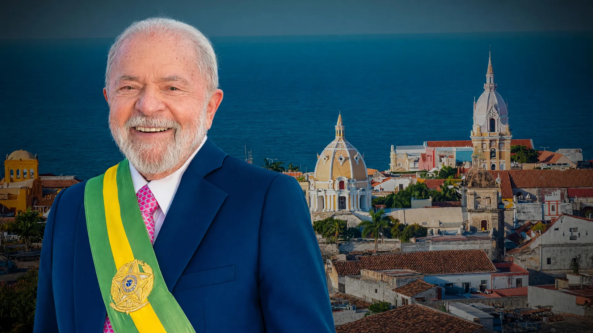 Lula lamenta o terremoto na Colômbia em retrato oficial, com panorama de Cartagena ao fundo