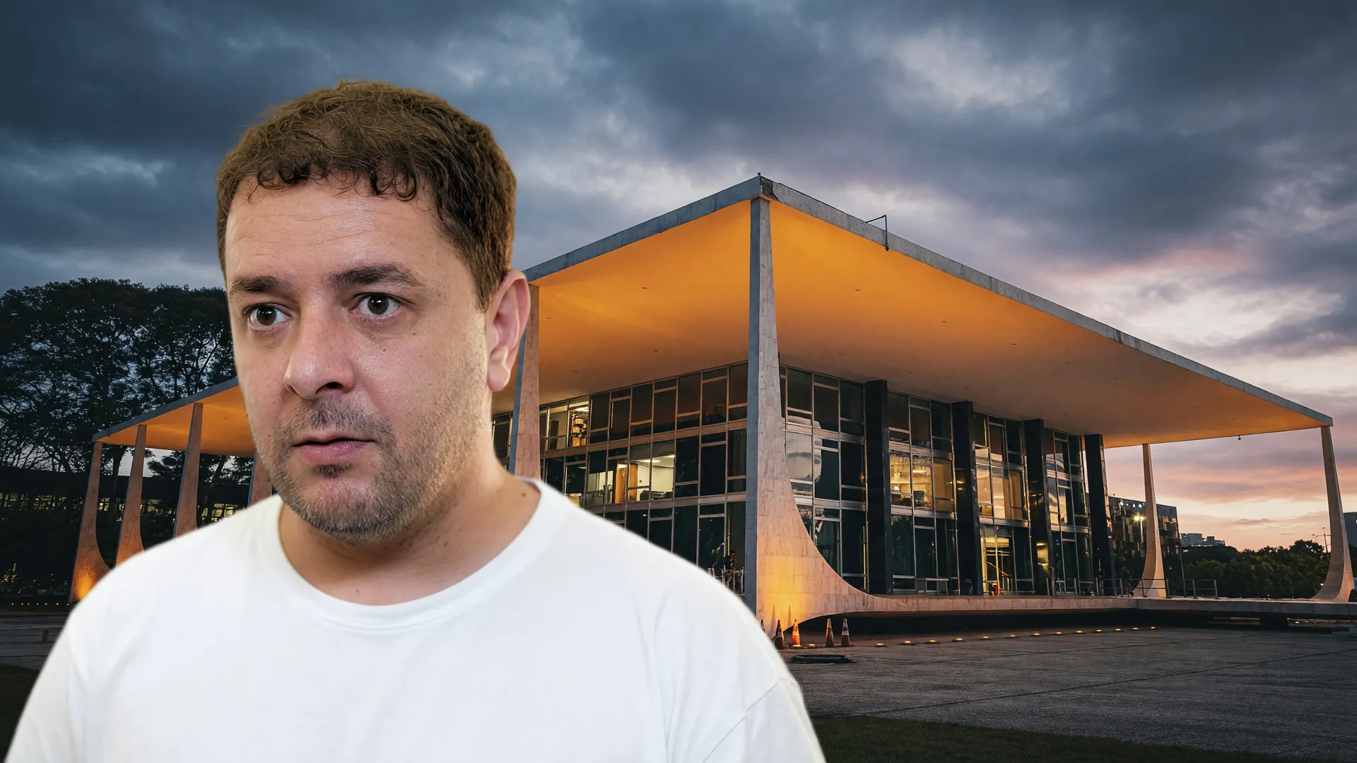 Lulinha em destaque com o STF ao fundo, aludindo aos inquéritos STF primeira instância