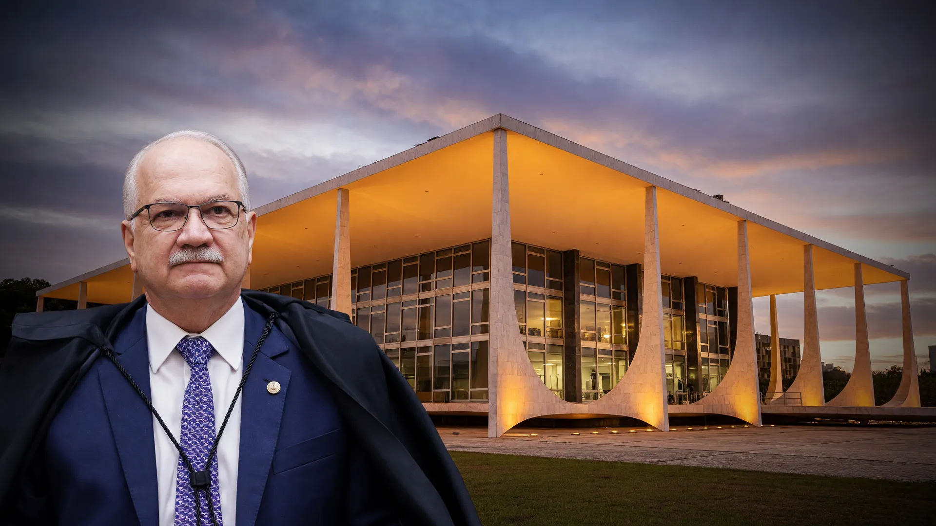 Edson Fachin e fachada do STF ao entardecer, em debate sobre mandato para ministros do STF