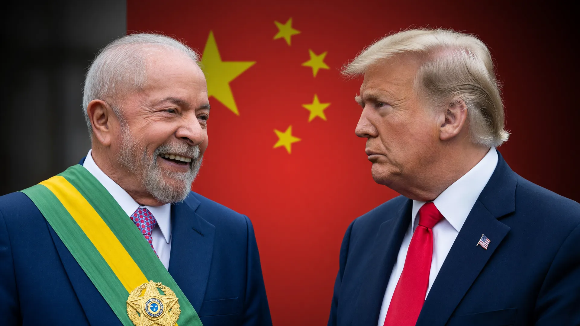 Lula e Trump em composição editorial sobre margem para negociar tarifaço Trump com China ao fundo