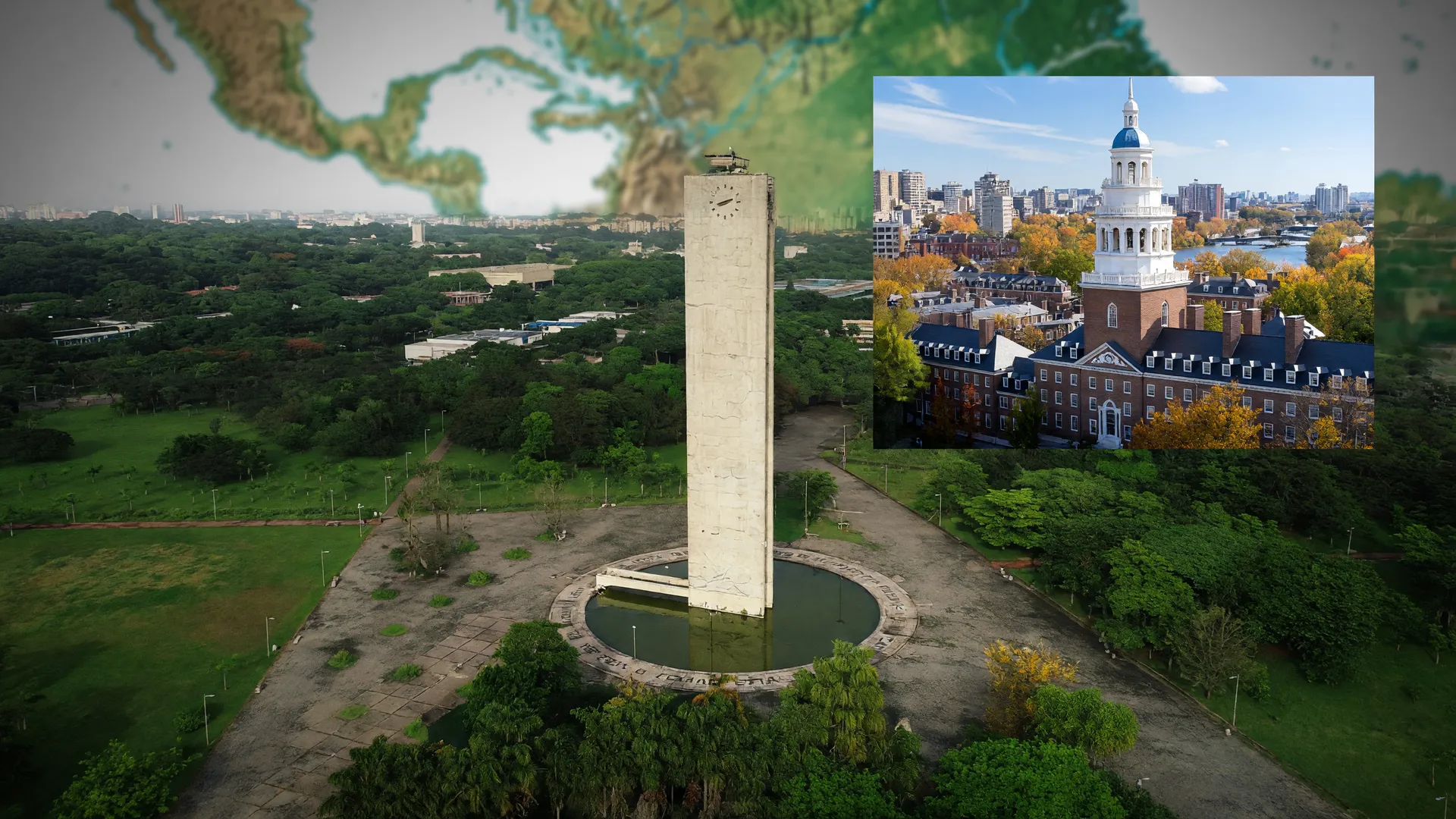 Vista aérea da USP, melhor universidade da América Latina em 2026, com campus de Harvard ao fundo no ranking de Xangai