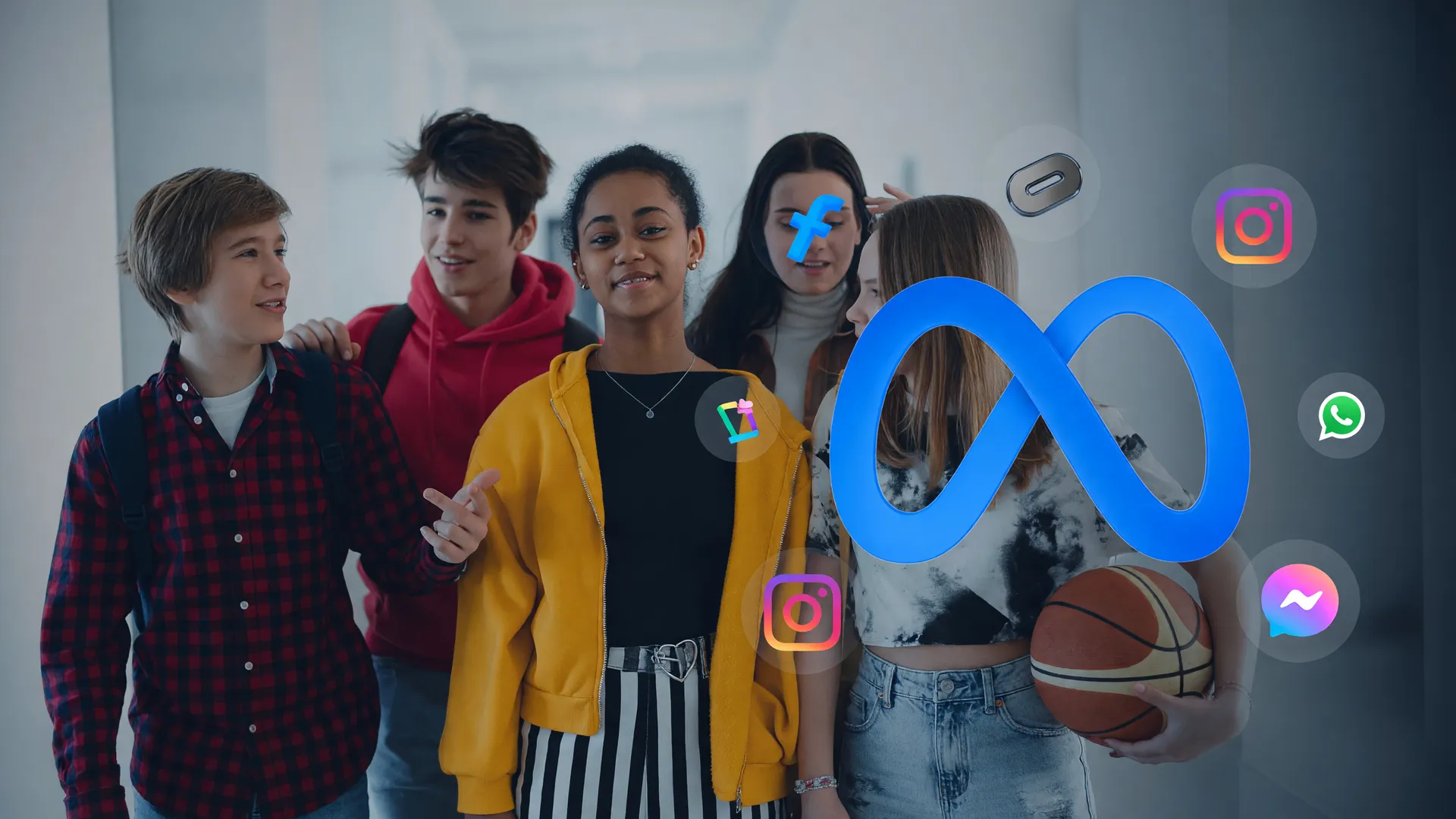 Composição sobre como a Meta restringe redes sociais adolescentes, com logo corporativo e jovens em ambiente social