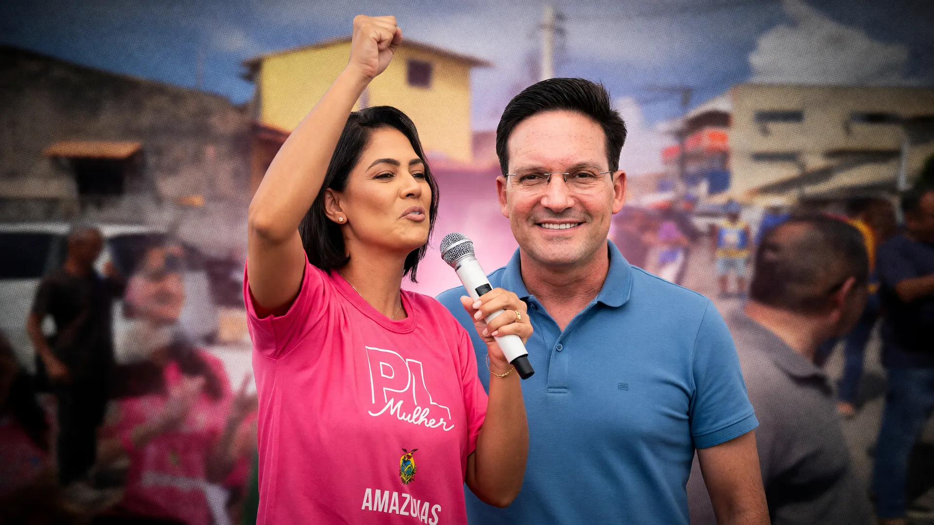 Michelle Bolsonaro campanha eleitoral ao lado de Flávio Bolsonaro em gravação de vídeo eleitoral do PL