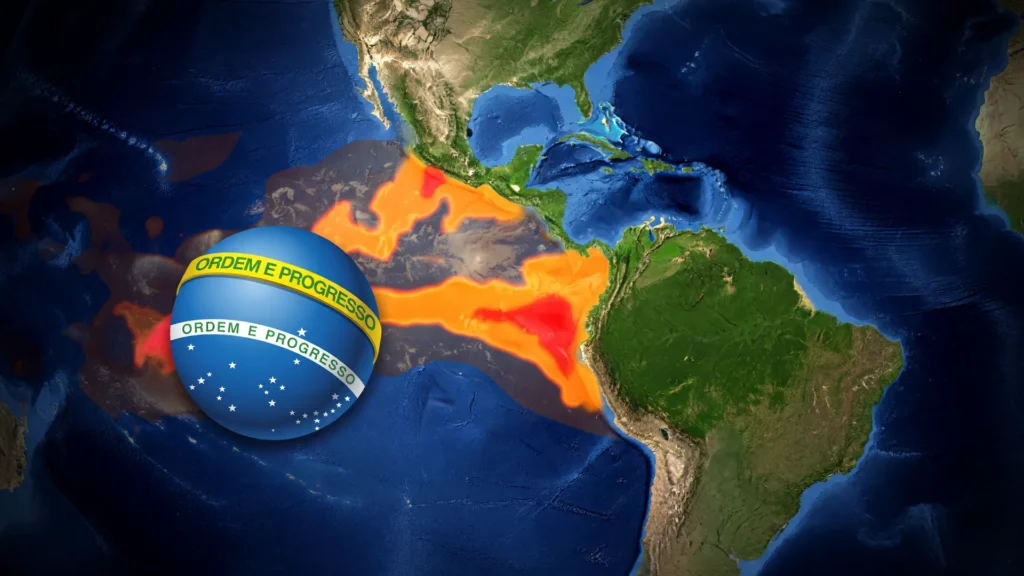 Mapa térmico do El Niño com anomalias em laranja e vermelho evoca o monitor do El Niño e resposta governamental