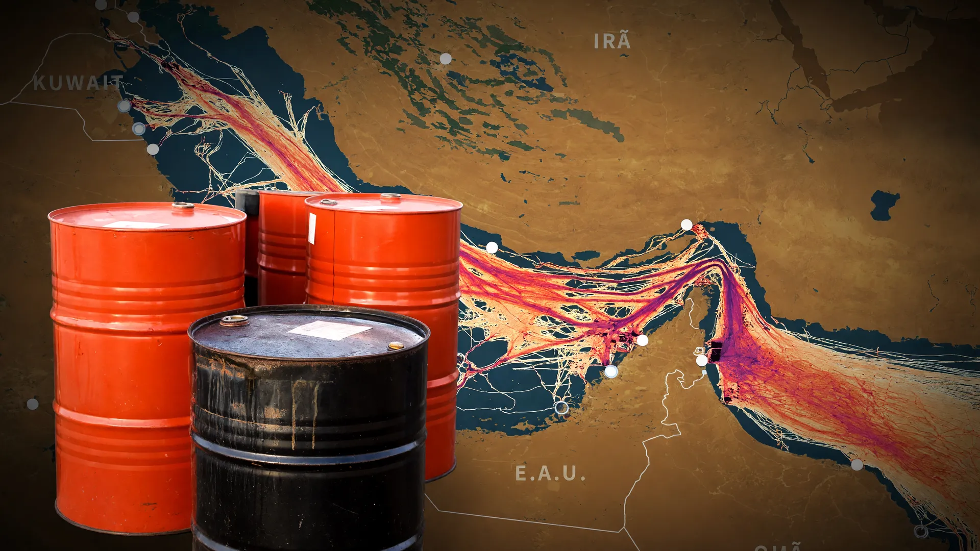 Barris de petróleo em frente a mapa de tráfego do Estreito de Ormuz, ilustrando multa para navios em Ormuz