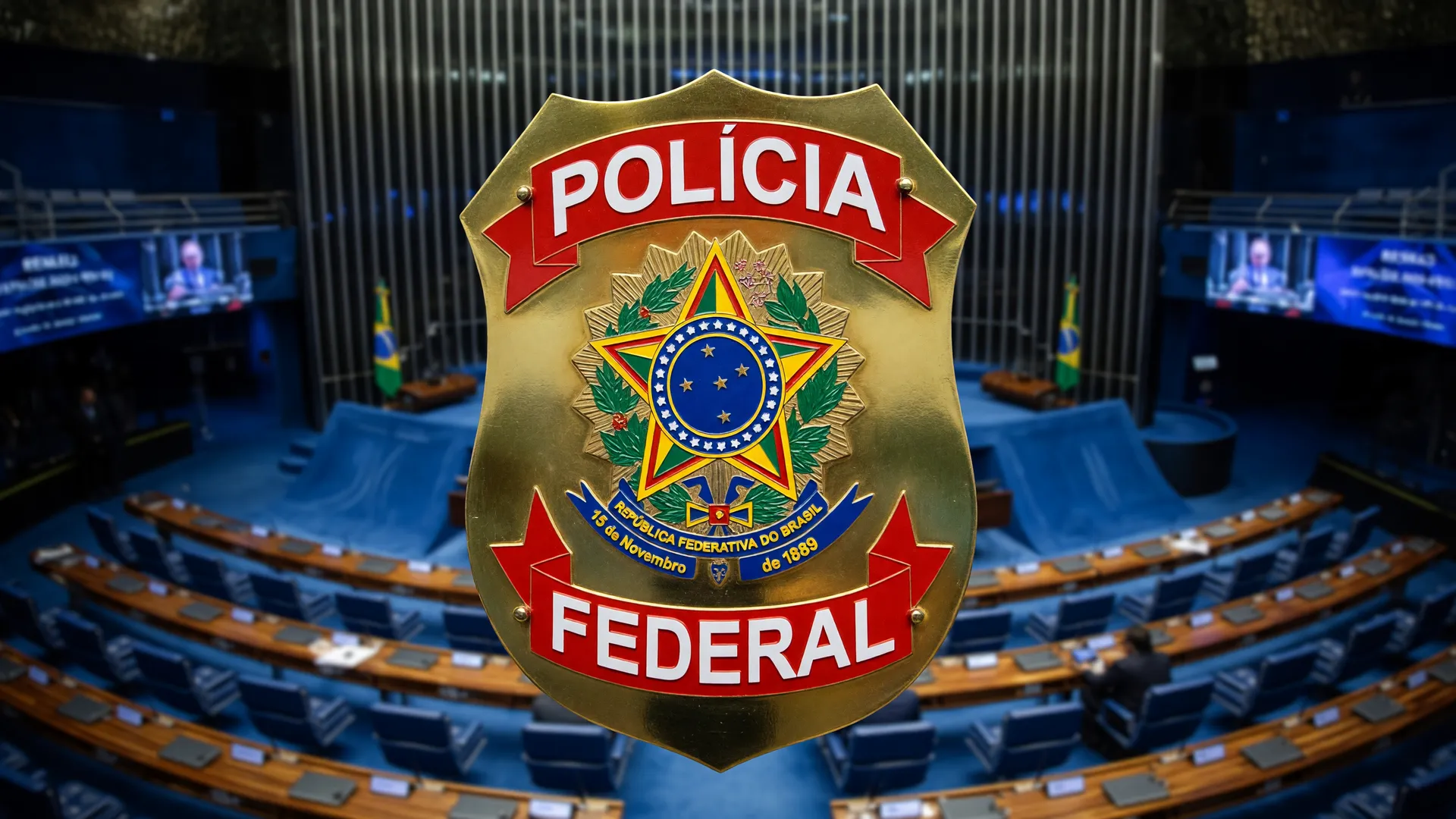 Distintivo da Polícia Federal sobre o plenário do Senado na nova fase operação sem desconto