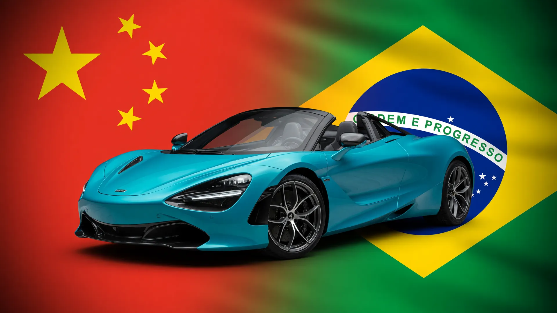 Carro esportivo diante das bandeiras do Brasil e da China, simbolizando novas marcas de carros chineses