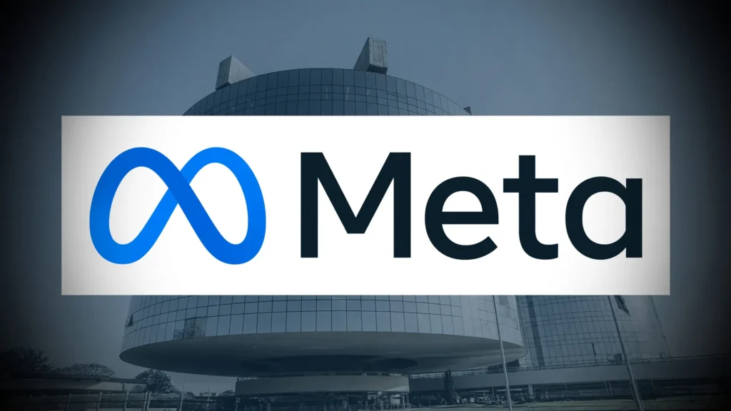 Logo da Meta em destaque com sede do MPF ao fundo, representando investigação sobre óculos inteligentes Meta privacidade