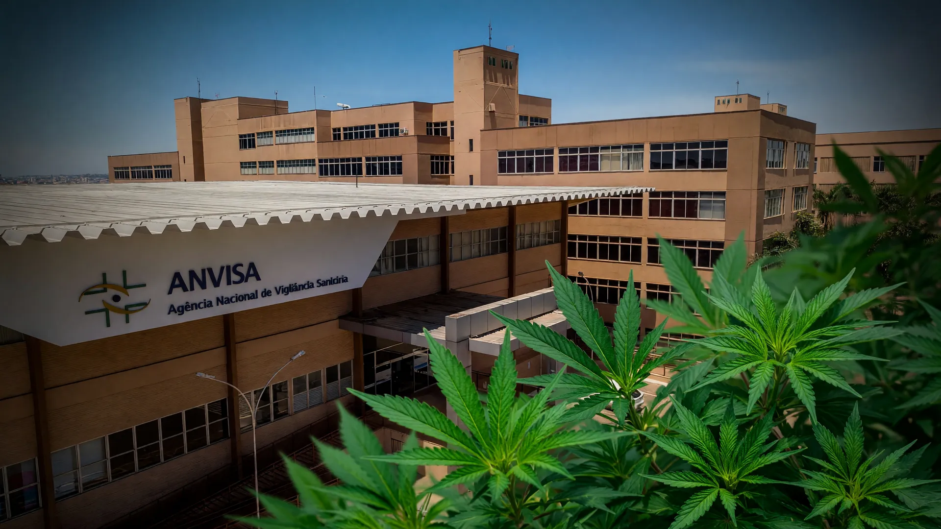 Sede da Anvisa em Brasília ao fundo com folhas de cannabis em destaque — Ozempic Natural proibido pela Anvisa