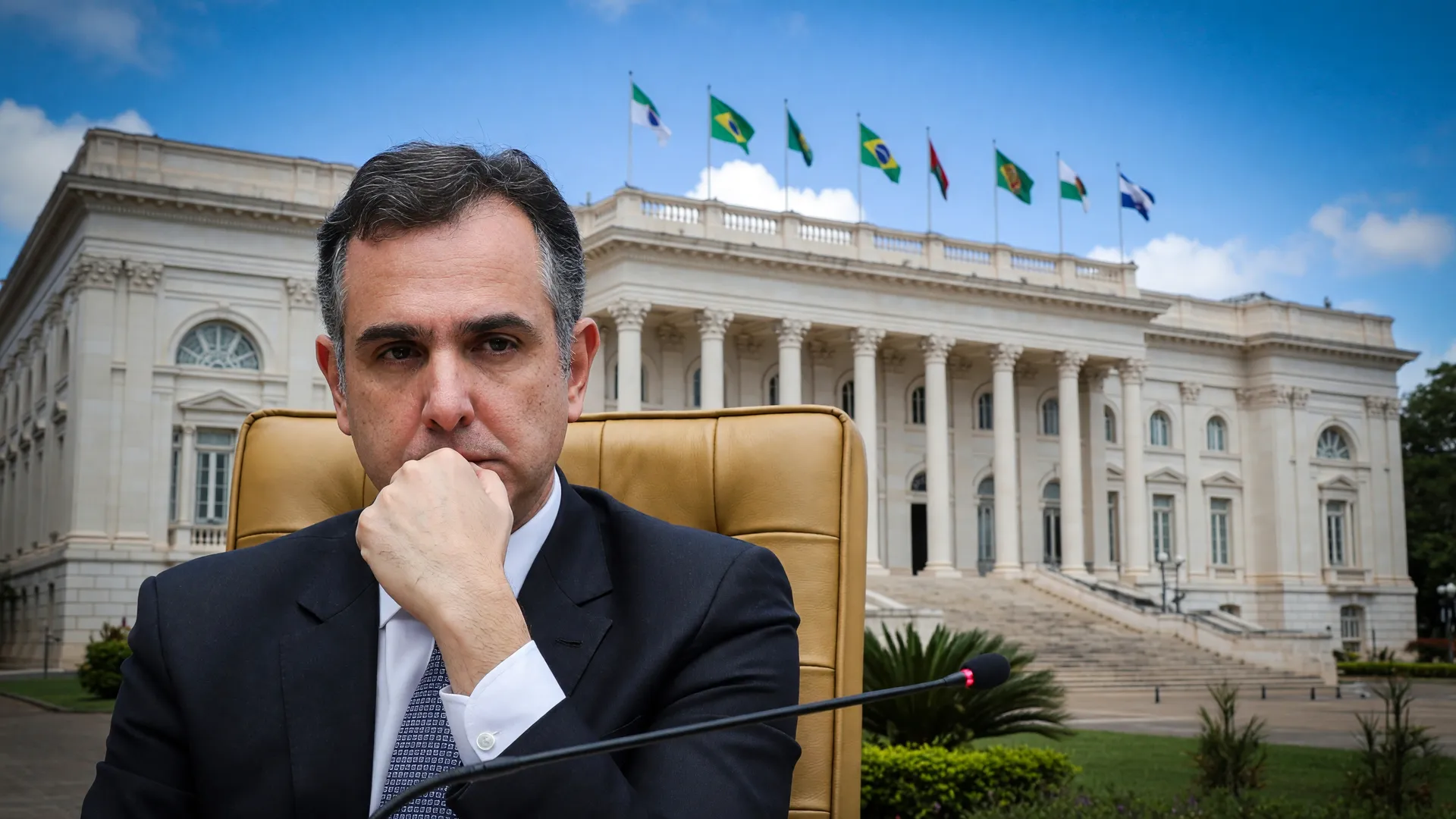 Rodrigo Pacheco indicado para o TCU diante da fachada do Tribunal de Contas da União em Brasília
