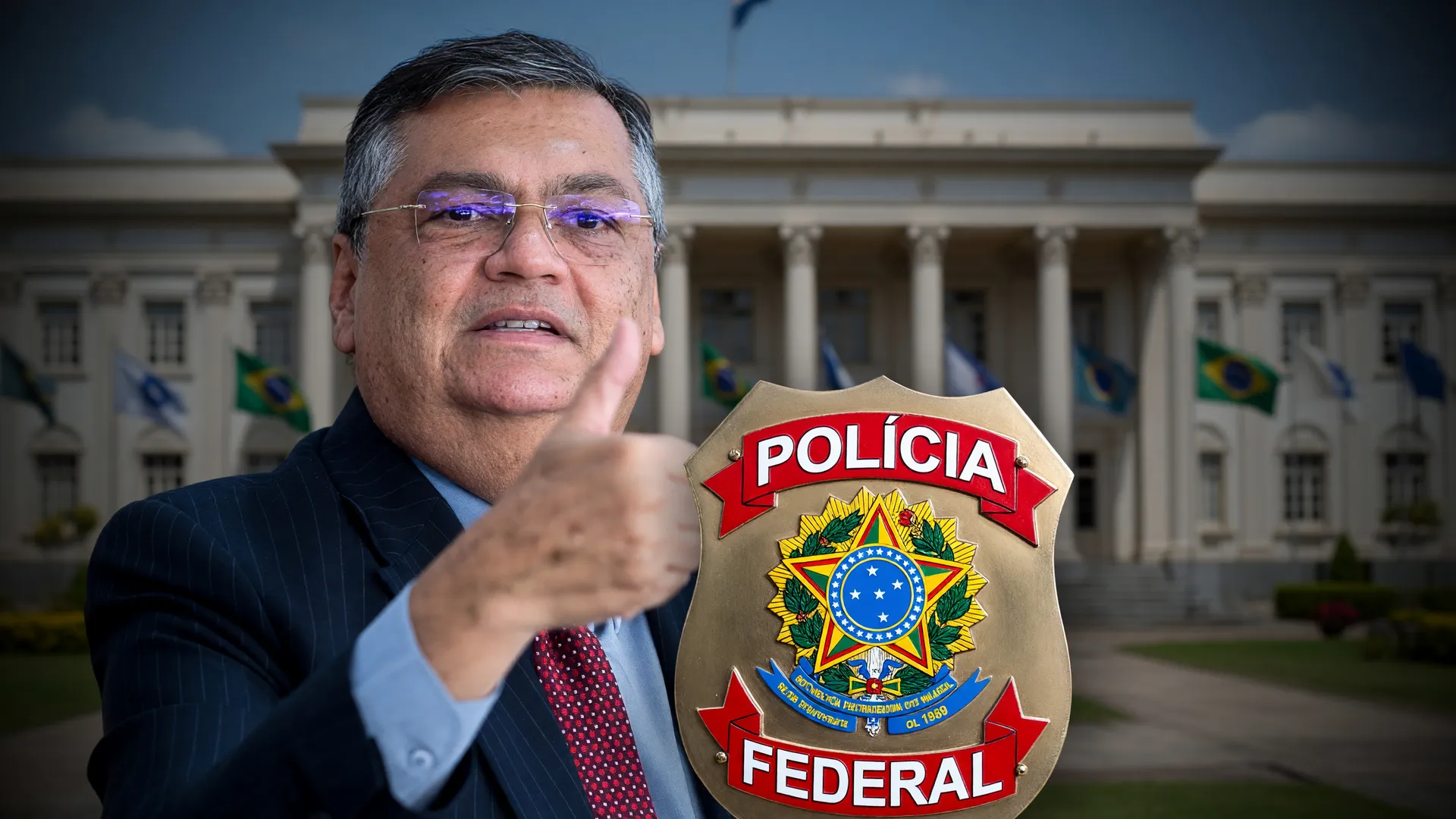 Flávio Dino e distintivo da Polícia Federal enquanto PF investiga fraude emendas PIX apontada pelo TCU