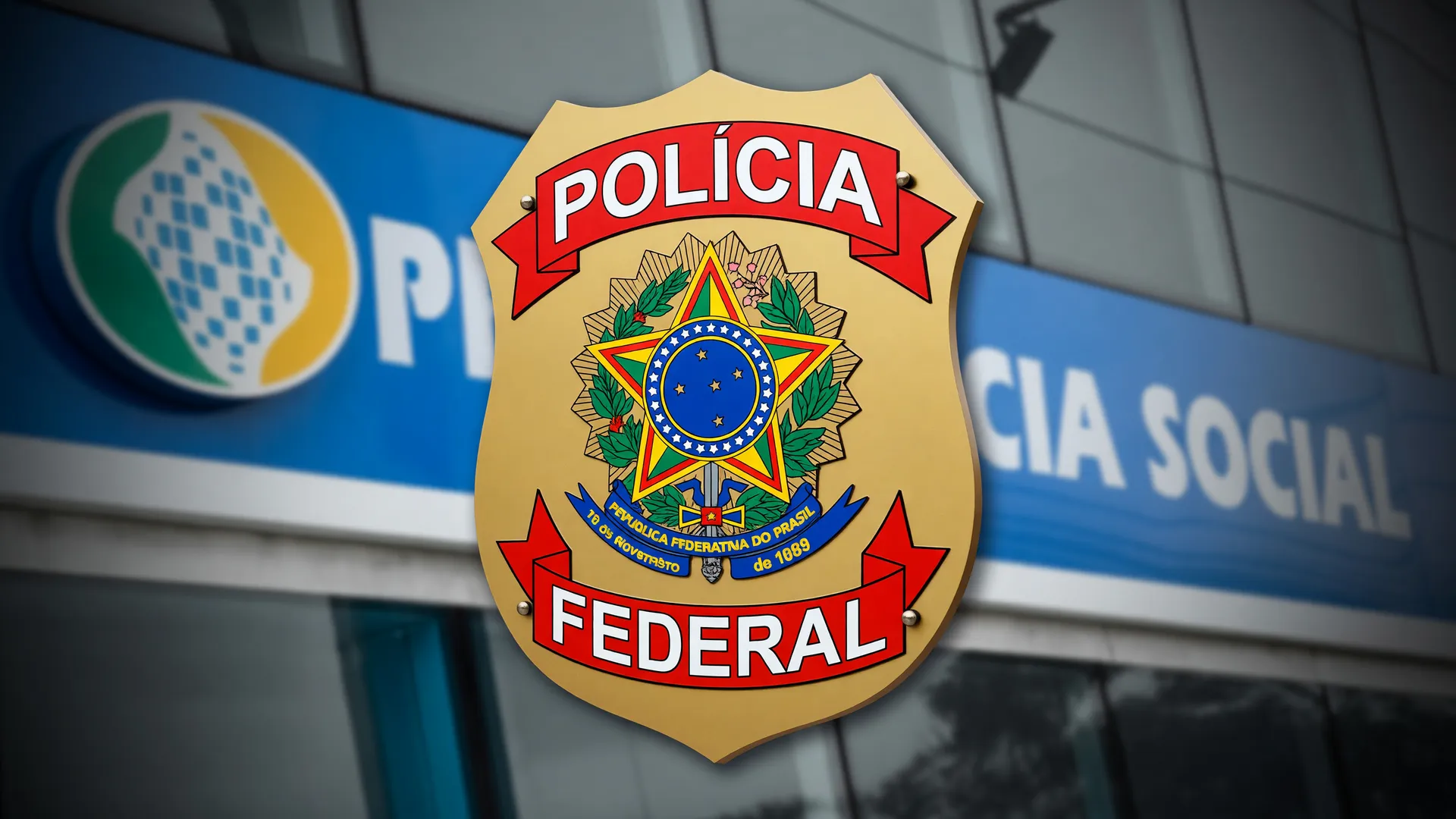 PF prende presidente da Conafer: distintivo da Polícia Federal em destaque com fachada do INSS ao fundo