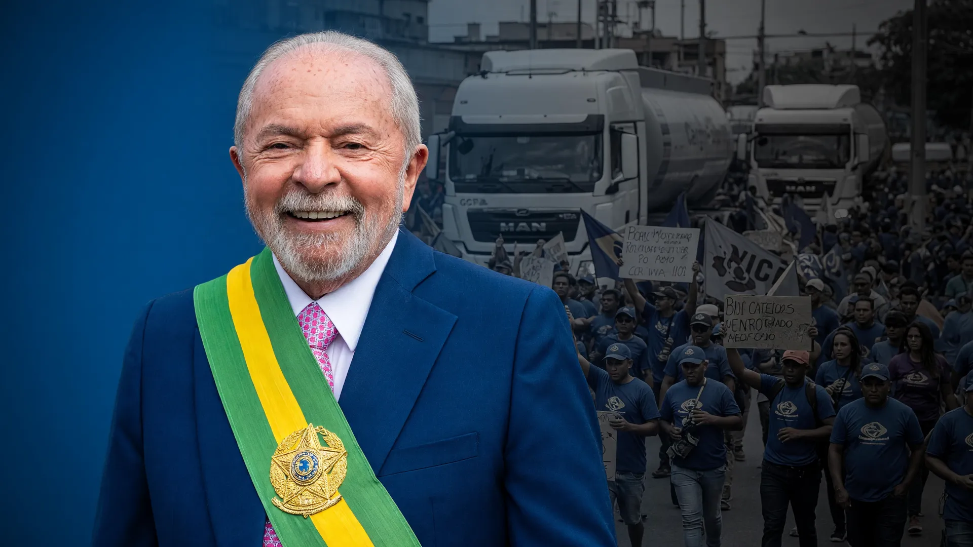 Lula sanciona o piso mínimo do frete rodoviário enquanto caminhoneiros protestam ao fundo