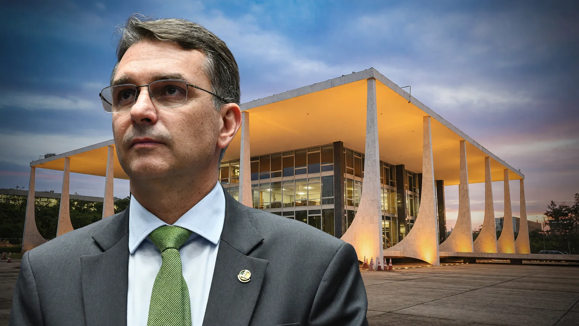 Flávio Bolsonaro retratado com o STF ao fundo: o plano de governo Flávio Bolsonaro quer limitar decisões do tribunal