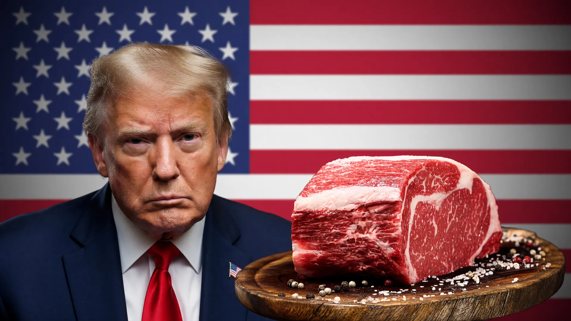 Trump ao lado de corte de carne bovina, ilustrando o plano dos EUA para pecuaristas e a nova cota de importação