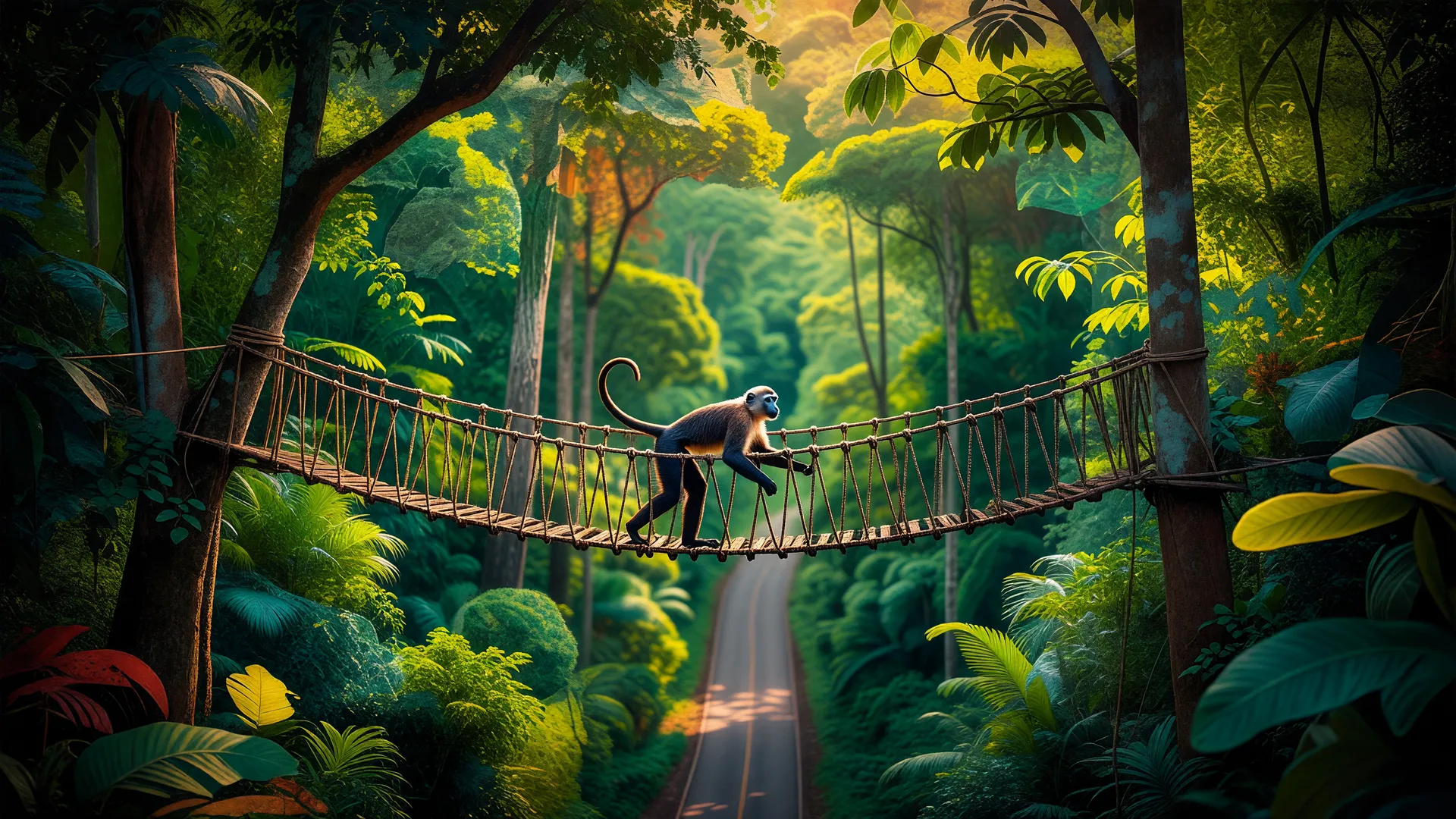 Macaco atravessa pontes de dossel para primatas sobre rodovia cortando floresta amazônica exuberante