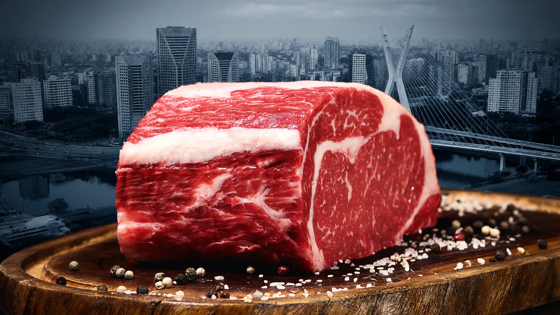 Corte de carne sobre tábua de madeira com skyline de São Paulo ao fundo, representando a queda no preço do porco em SP