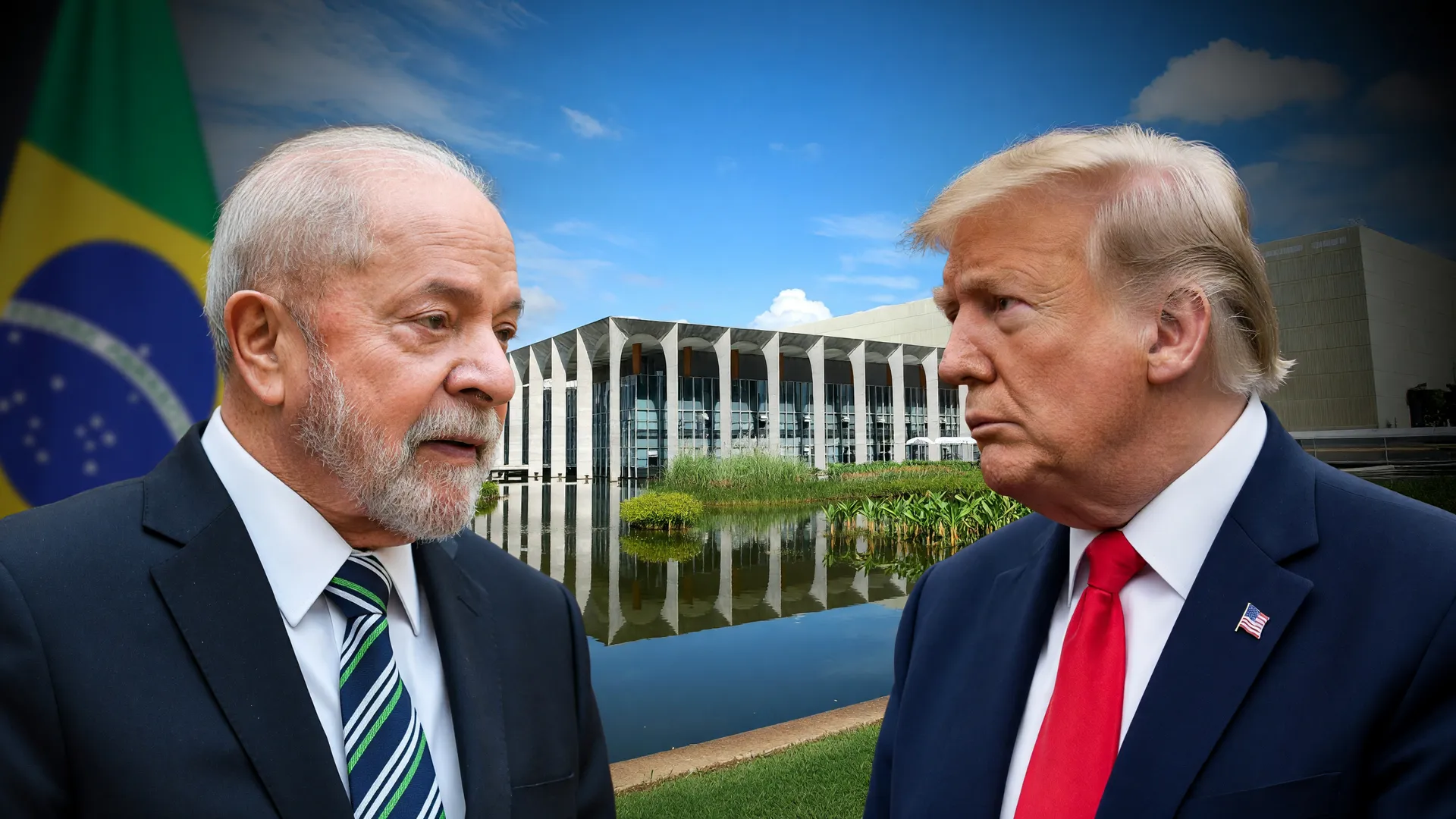 Lula e Trump em confronto simbólico no processo de reciprocidade contra EUA, com o Palácio do Itamaraty ao fundo