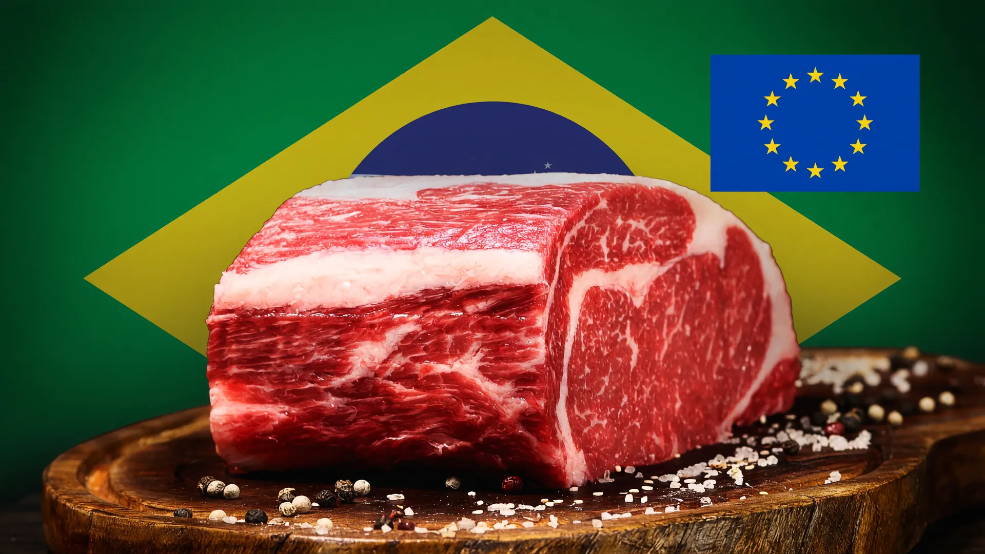 Corte de carne bovina com bandeiras do Brasil e União Europeia ao fundo, ameaças à produção de carne bovina 2026