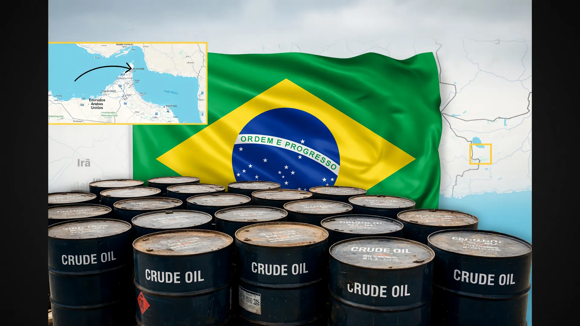 Barris de petróleo em refinaria com bandeira do Brasil: produção de petróleo bate recorde histórico em junho