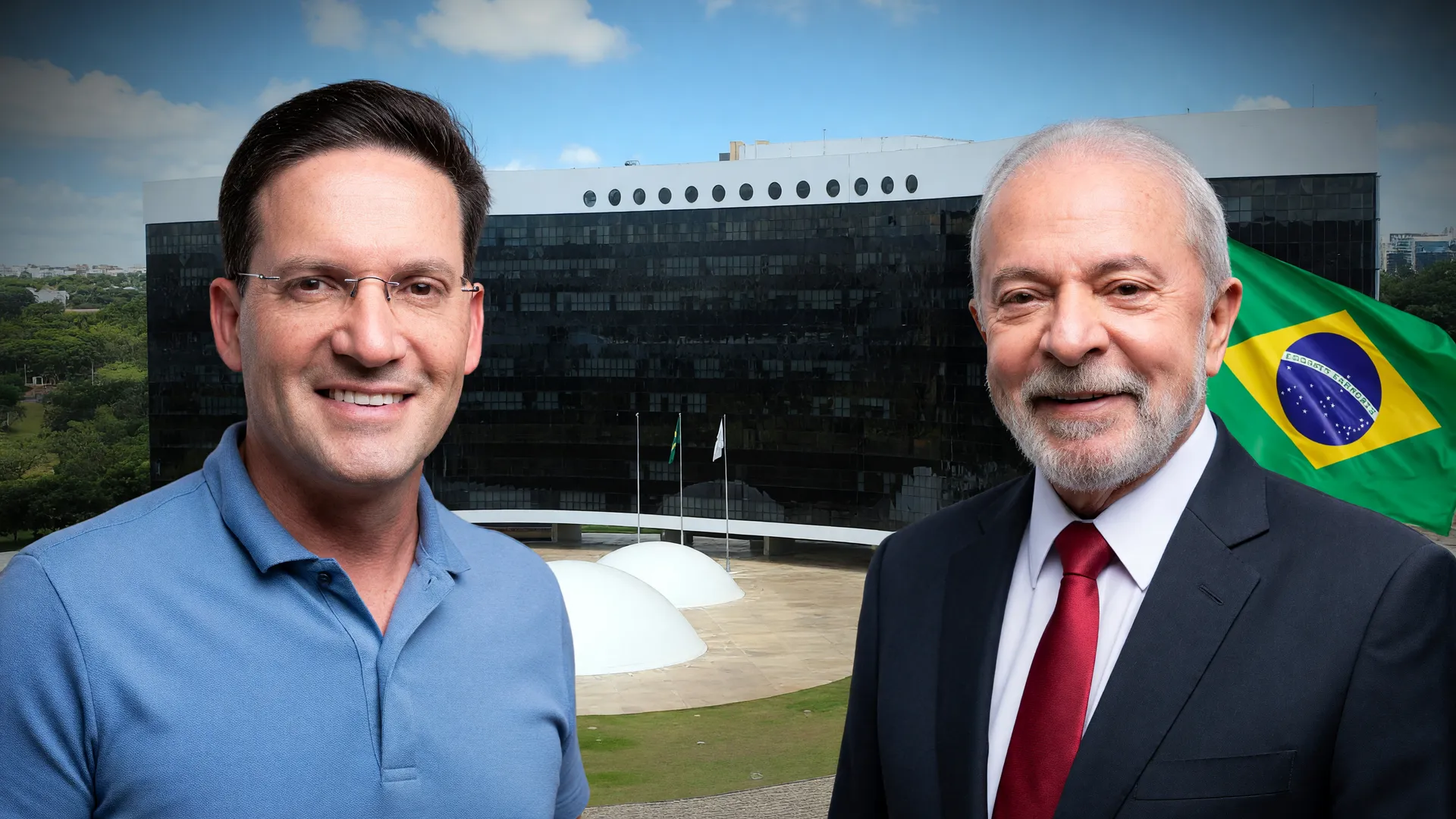 Flávio Bolsonaro e Lula em propaganda eleitoral antecipada eleições 2026, com o TSE ao fundo