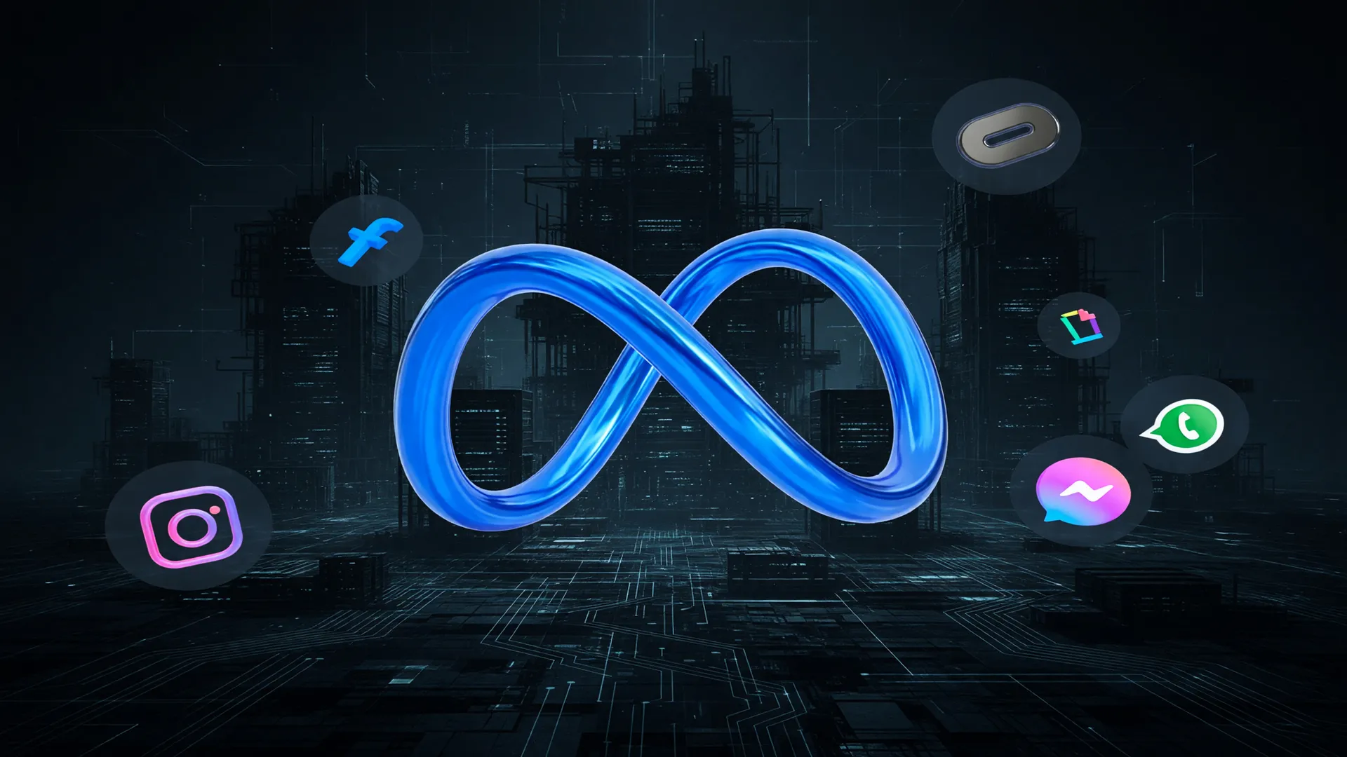 Logo da Meta ao centro em composição editorial que ilustra quanto big techs investem em IA e data centers