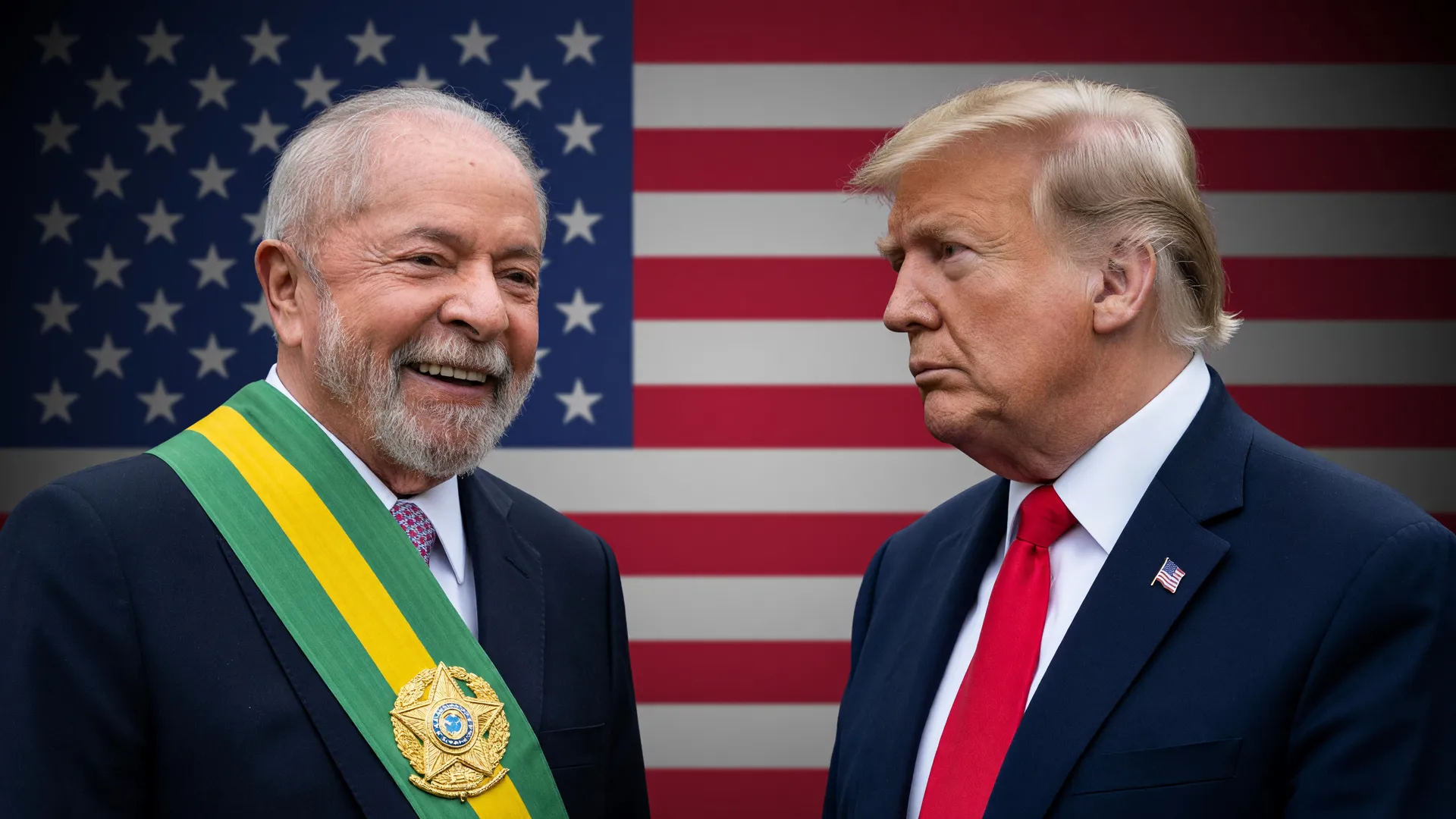 Lula e Trump em composição confrontacional representando a reciprocidade do Brasil aos EUA em crise diplomática