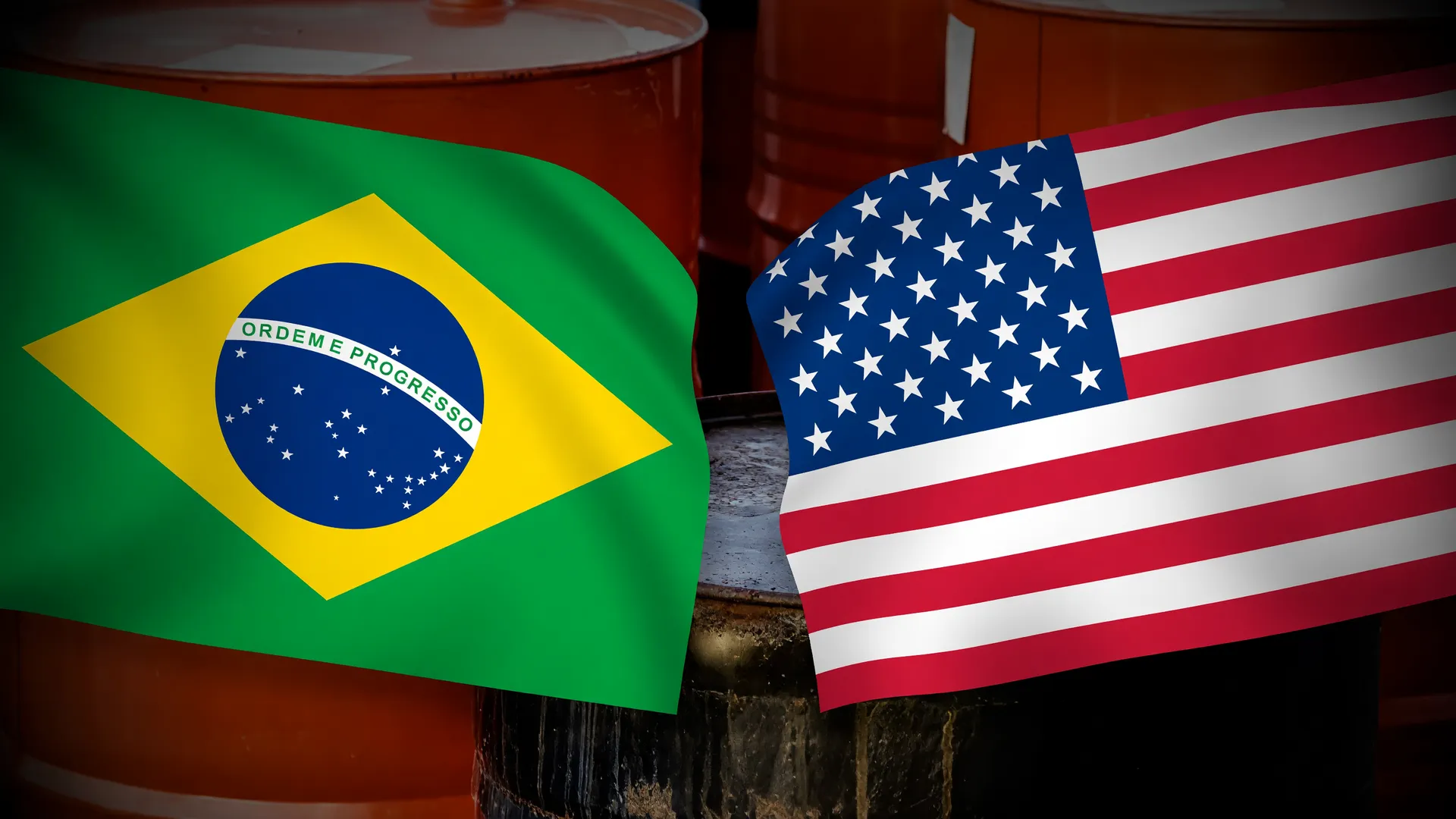 Bandeiras do Brasil e dos EUA em confronto, simbolizando a reciprocidade tarifas Brasil EUA na guerra comercial