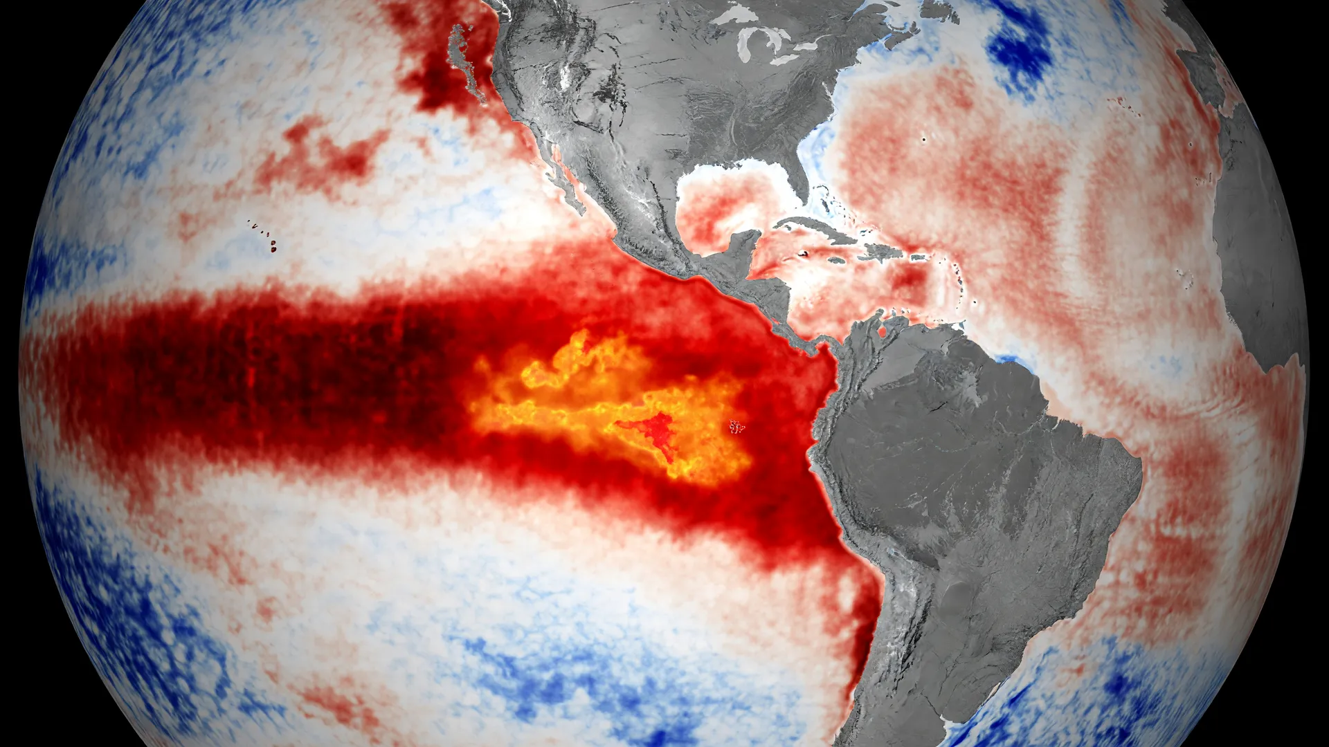 Mapa térmico mostra anomalias em vermelho no Pacífico, evidenciando o recorde de calor nos oceanos em agosto