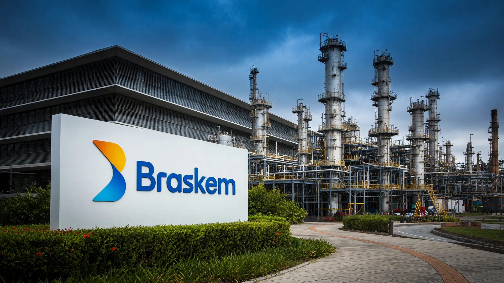 Sede corporativa da Braskem com logo em destaque, em cenário de crise e recuperação extrajudicial da Braskem