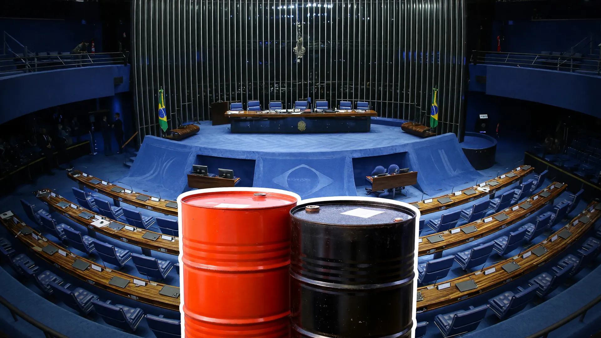 Plenário do Senado Federal com barris de petróleo, representando a redução de impostos sobre combustíveis aprovada