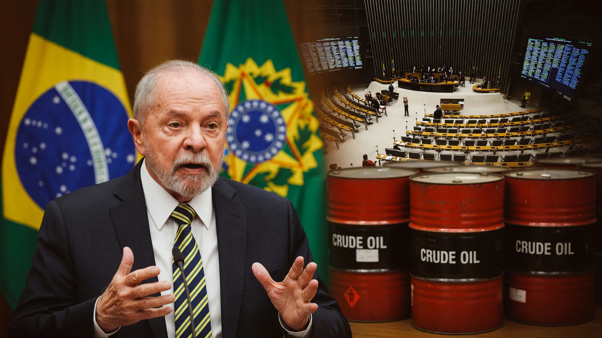 Lula, barris de petróleo e plenário da Câmara ilustram projeto de redução de impostos sobre combustíveis