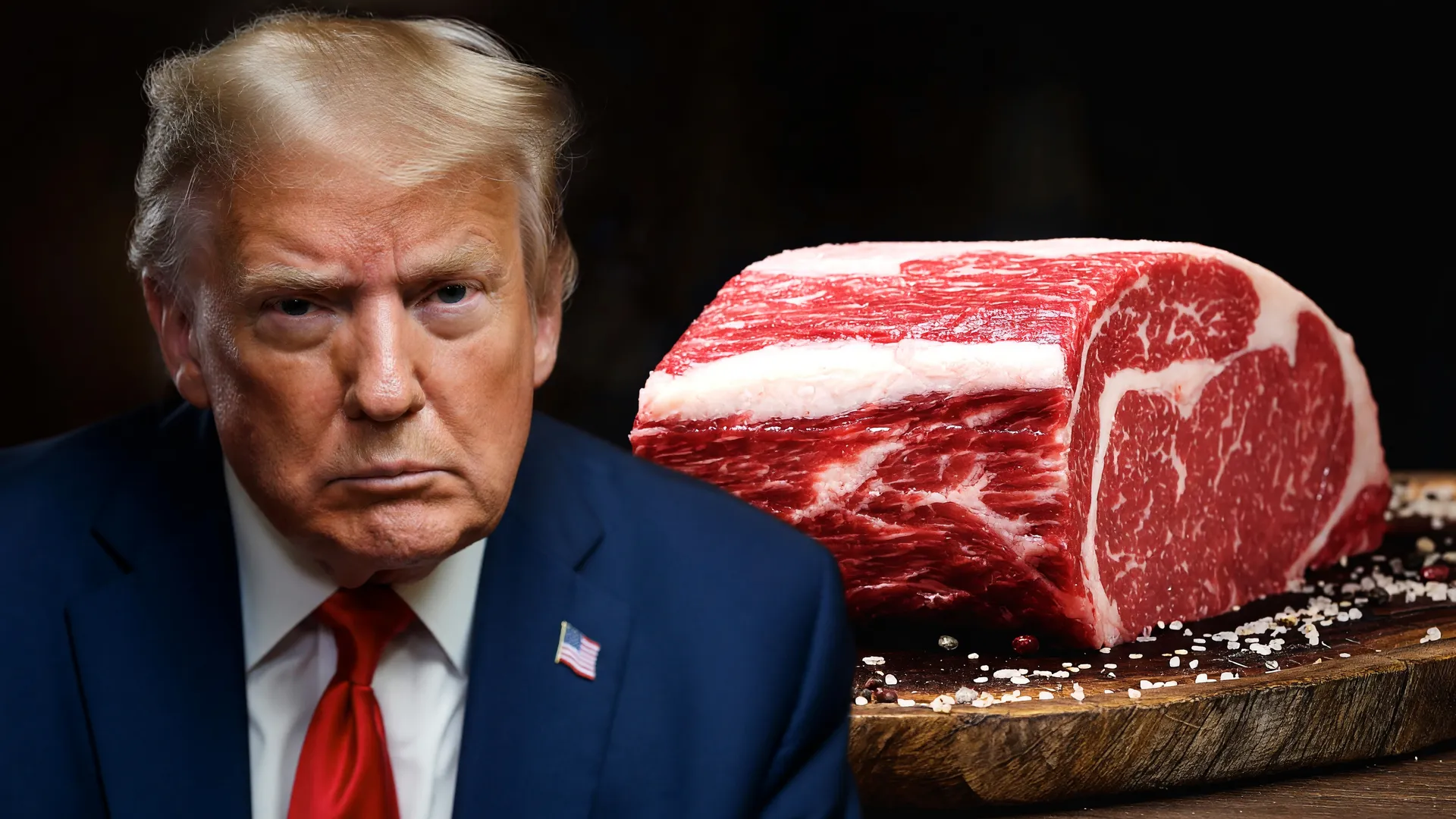 Trump ao lado de corte de carne marmorizado, representando debate sobre regras da carne bovina EUA