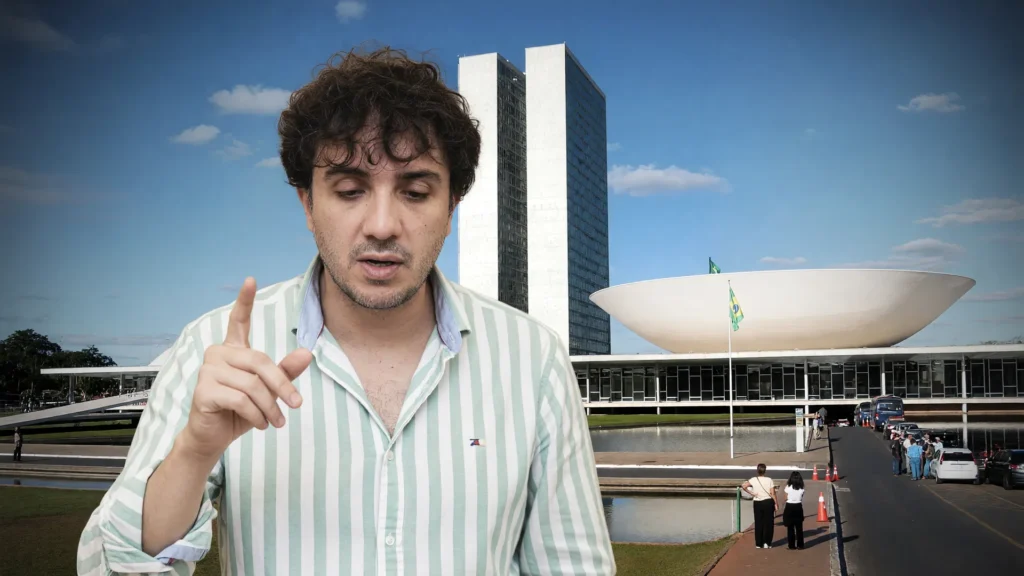 Renan Santos negocia PEC fiscal com Centrão em frente ao Congresso Nacional