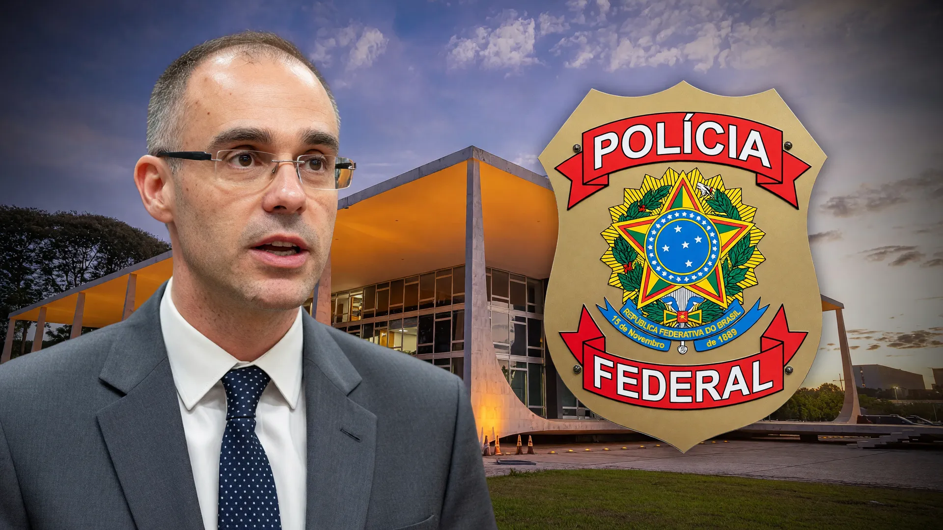 Ministro André Mendonça e símbolo da Polícia Federal: reunião entre Mendonça e PF busca reduzir tensões no STF