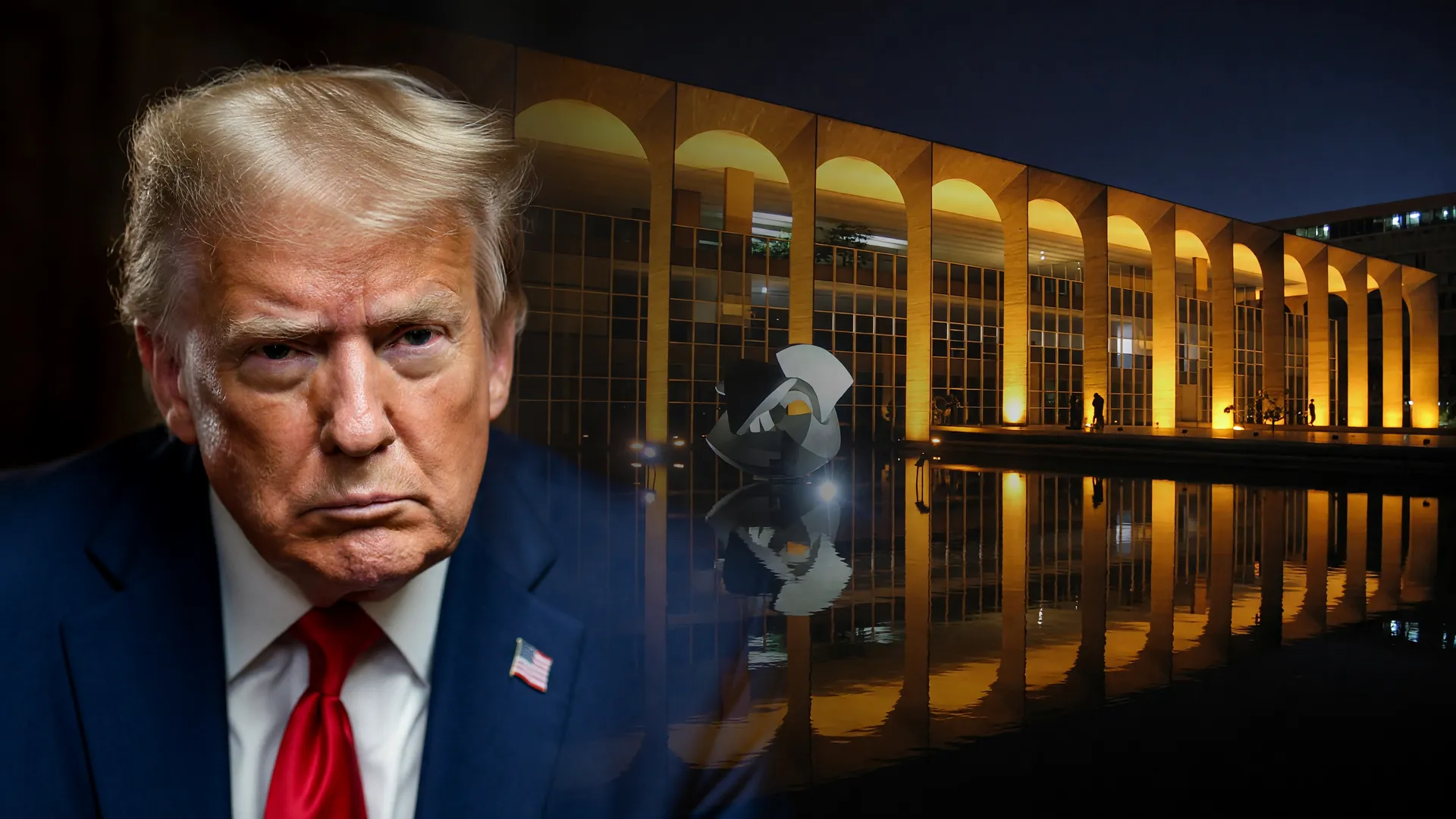 Trump e o Palácio do Itamaraty em composição que ilustra a tensão pela revogação do visto da embaixadora do Brasil nos EUA