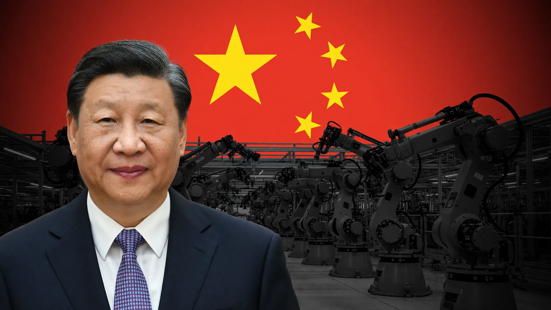 Xi Jinping com bandeira da China ao fundo e silhuetas de robôs industriais na China