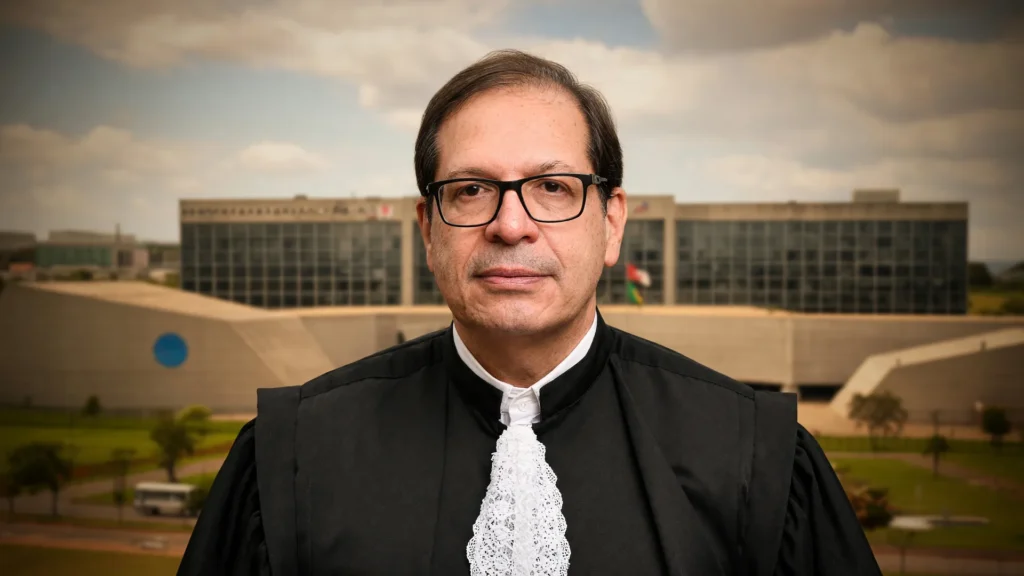 Ministro Salomão presidente do STJ toma posse com toga, ao fundo o prédio do tribunal em Brasília