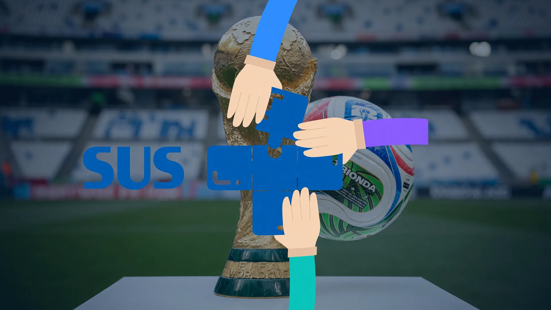 Símbolo do SUS em destaque com taça da Copa do Mundo ao fundo, representando saúde mental para quem aposta