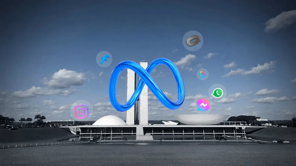 Senado Federal ao fundo e logo da Meta em destaque, ilustrando a segmentação de anúncios eleitorais nas redes sociais